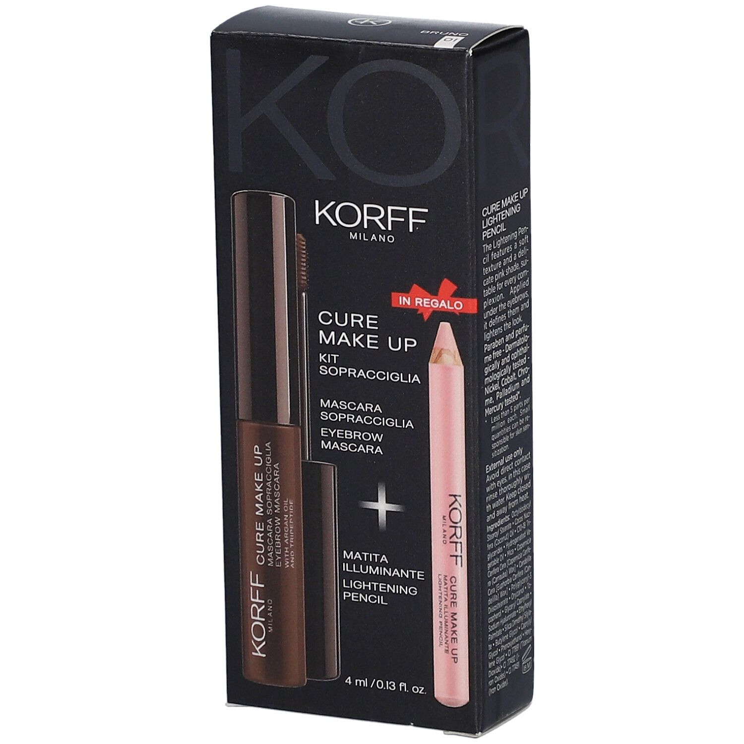 Confezione del kit sopracciglia. Contiene mascara e matita illuminante. Marchio: KORFF.