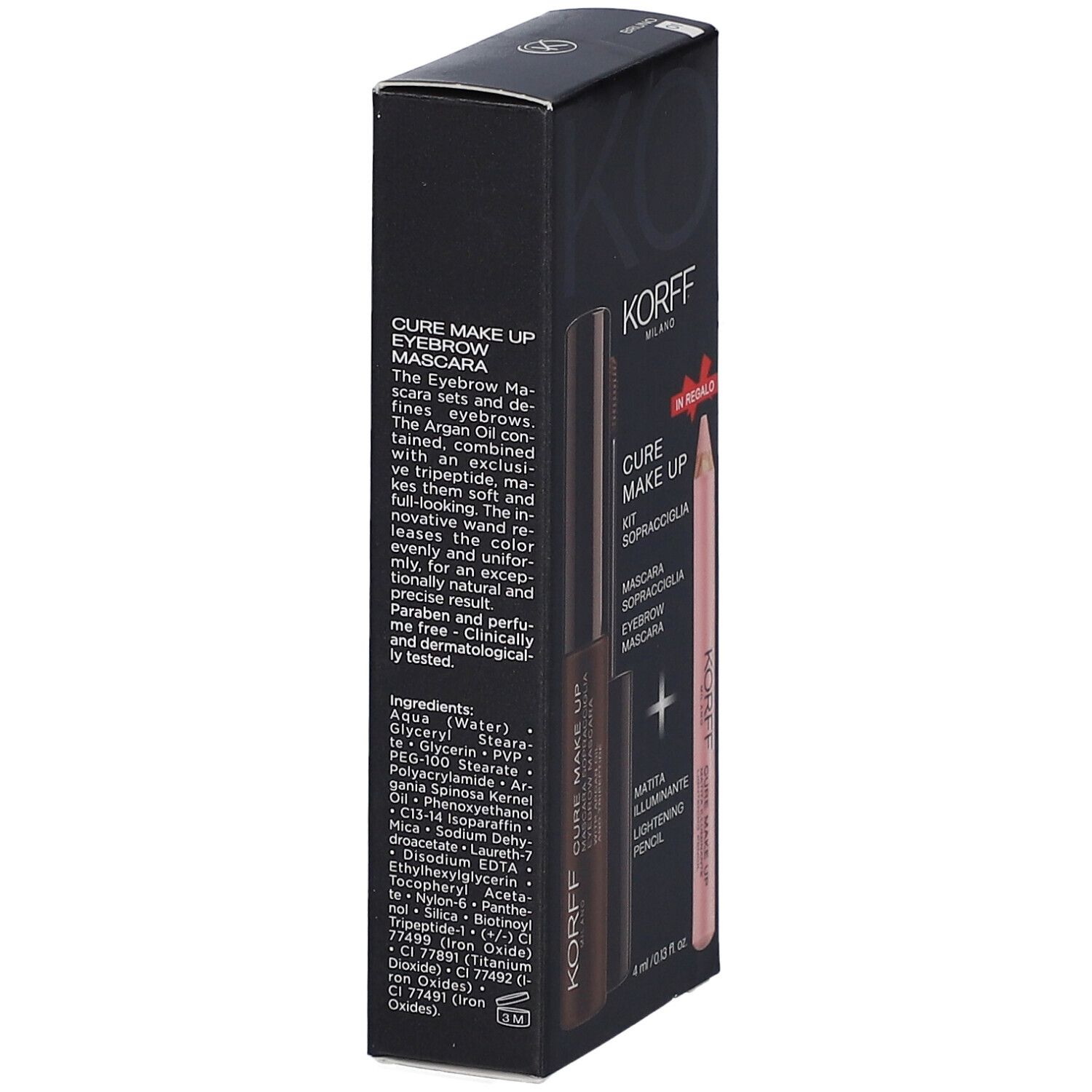 Retro della confezione del kit sopracciglia. Informazioni sul prodotto e ingredienti.