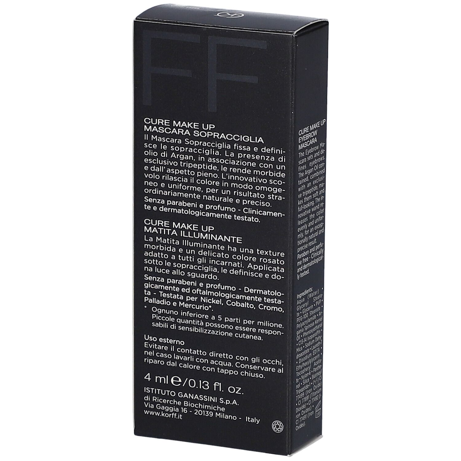 Vista laterale della confezione del kit sopracciglia. Informazioni sul prodotto.