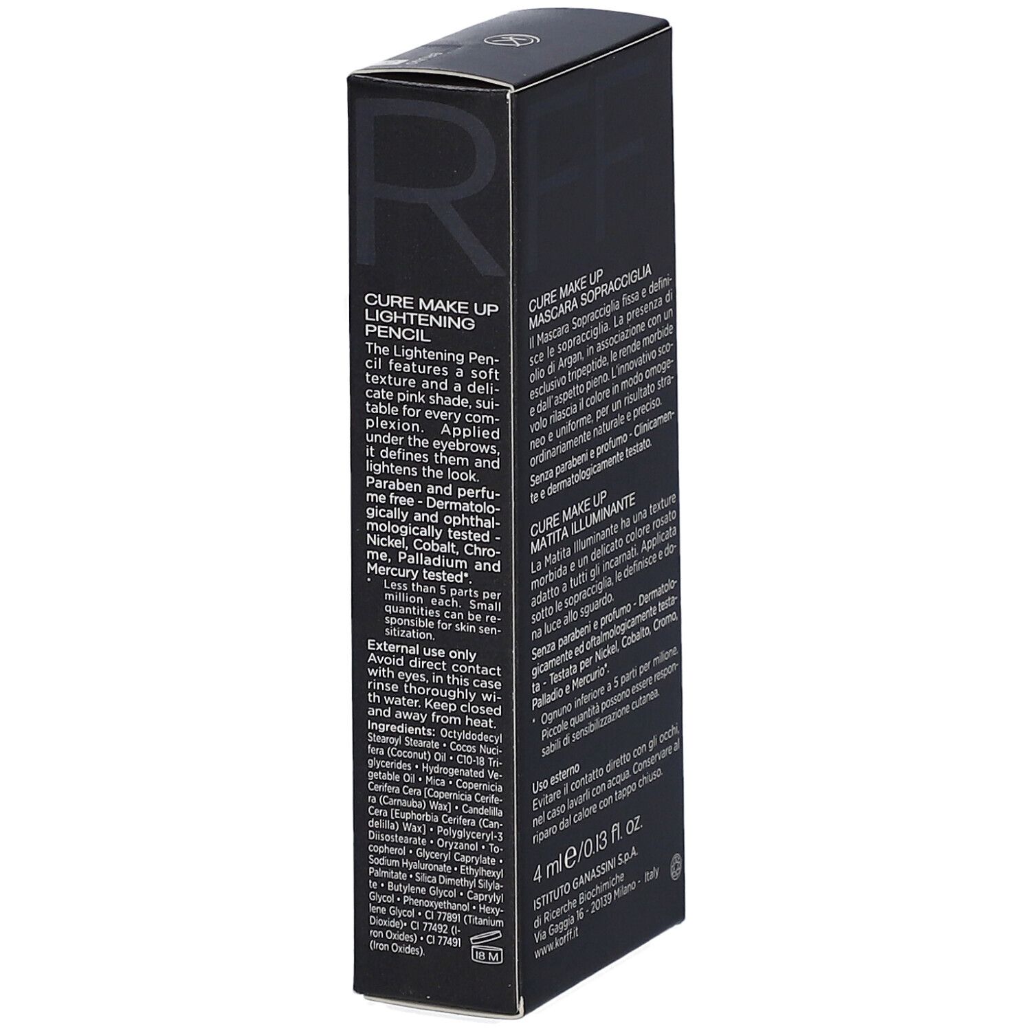 Vista laterale della confezione del kit sopracciglia. Informazioni sul prodotto.