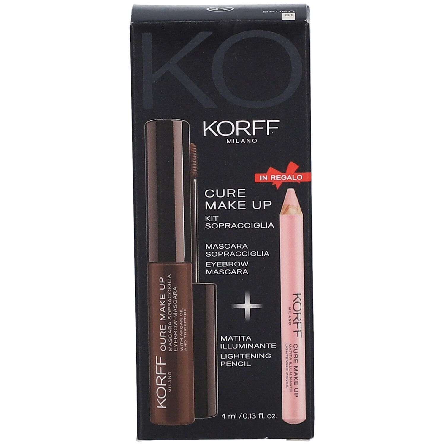 Vista frontale della confezione del kit sopracciglia. Contiene mascara e matita. Marchio: KORFF.