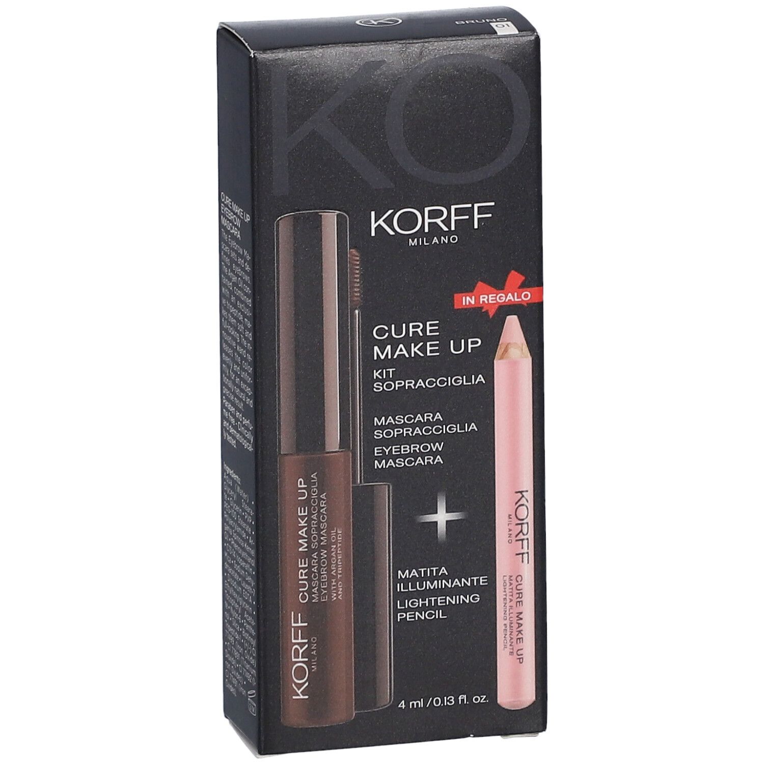 Vista frontale della confezione del kit sopracciglia. Contiene mascara e matita. Marchio: KORFF.