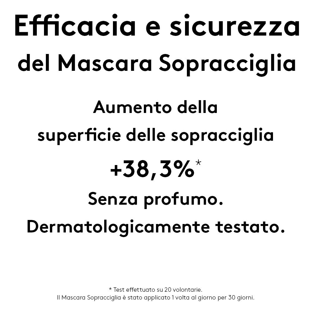 Testo su sfondo bianco. Informazioni sull'efficacia e la sicurezza del mascara per sopracciglia.