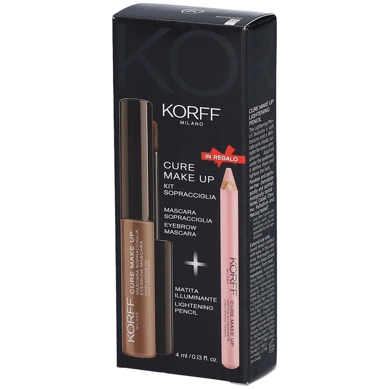 Kit sopracciglia KORFF in confezione. Include mascara e matita rosa chiaro. Confezione nera con immagine del prodotto.