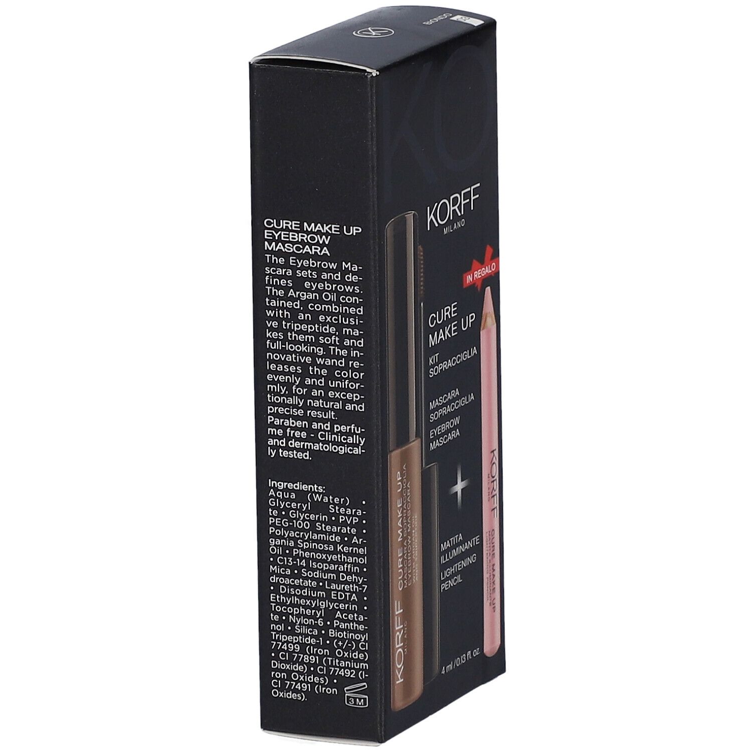 Vista posteriore della confezione del kit sopracciglia KORFF. Contiene informazioni sul prodotto e ingredienti. Confezione nera.