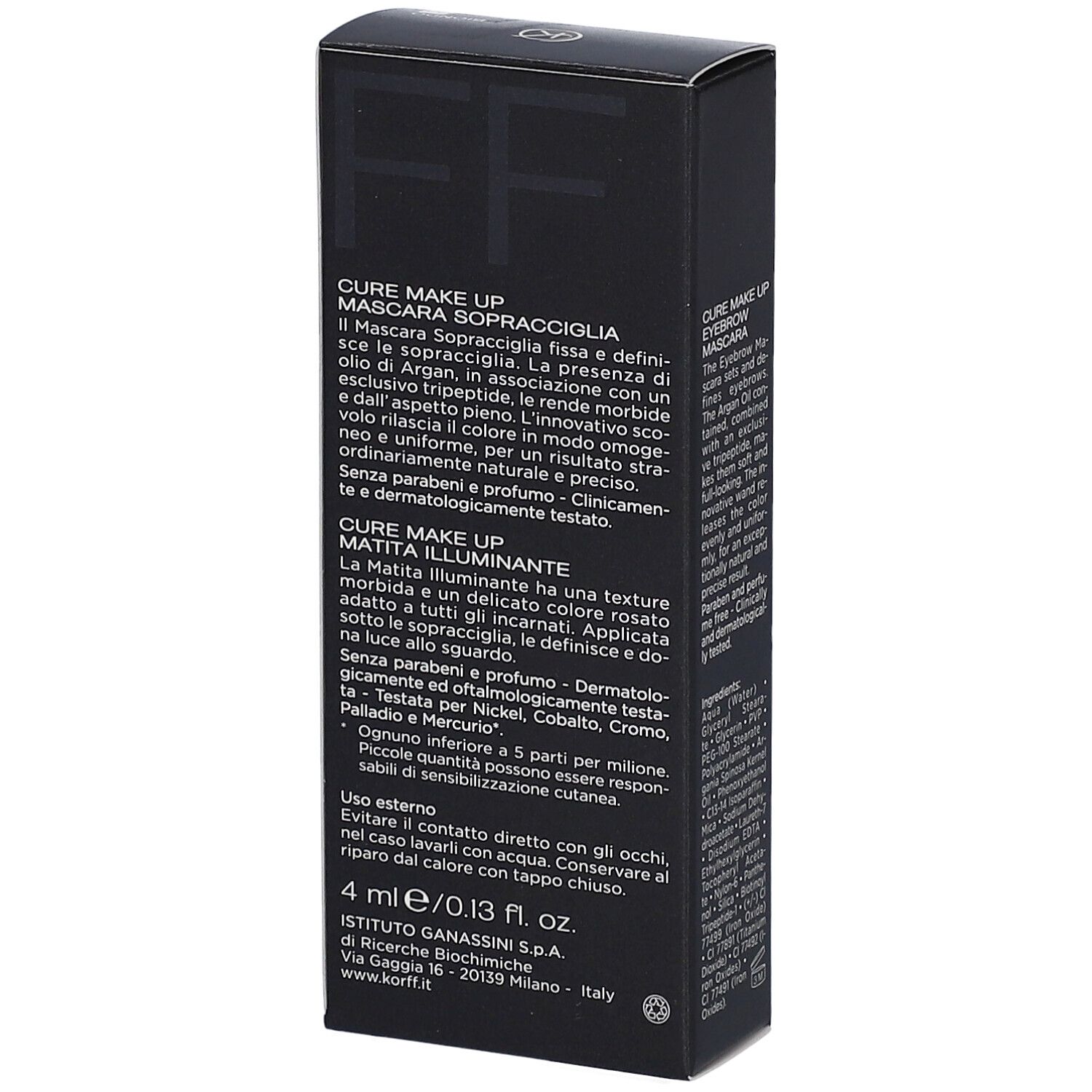 Vista dettagliata del retro della confezione del kit sopracciglia KORFF. Contiene informazioni sul prodotto e istruzioni per l'uso.