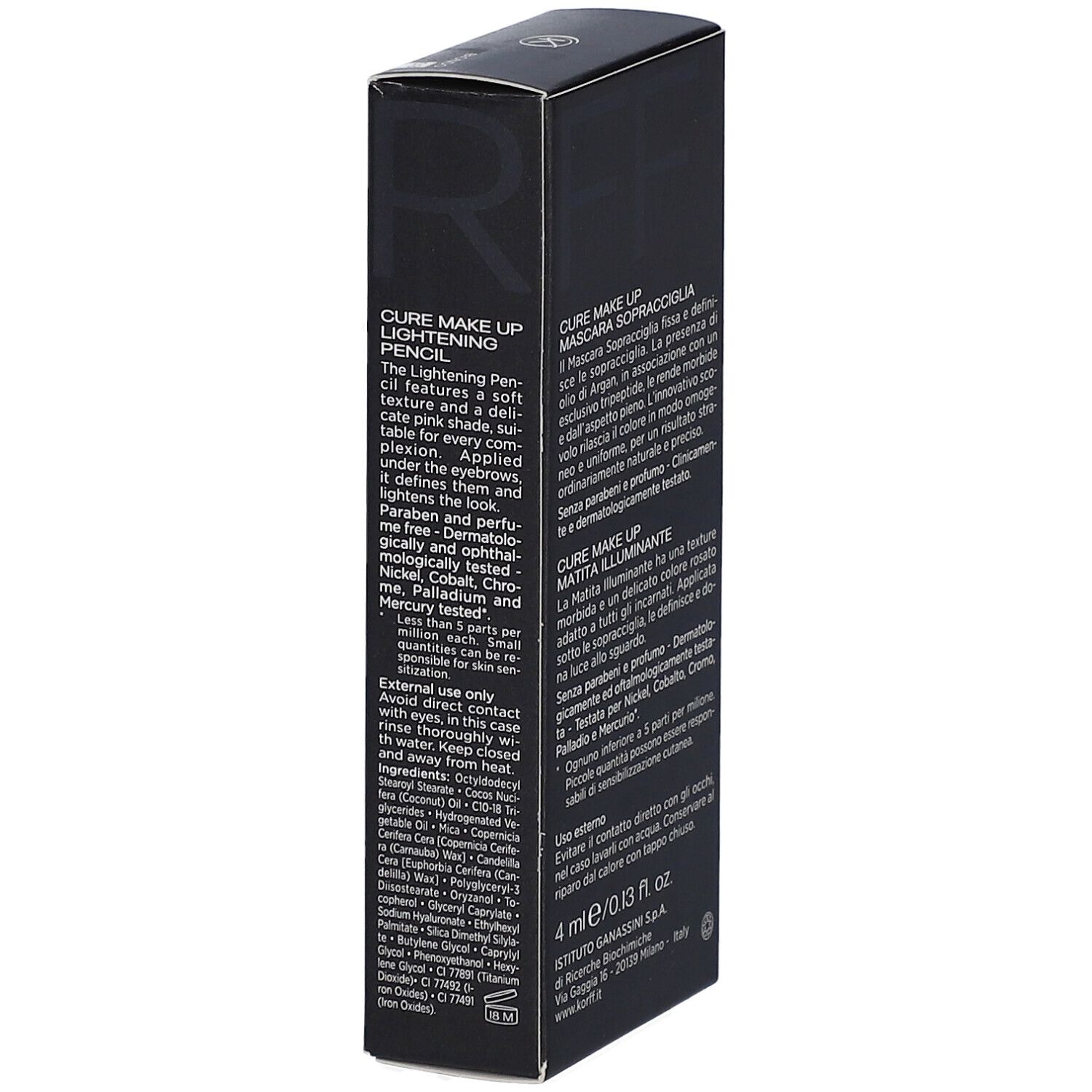 Vista dettagliata del retro della confezione del kit sopracciglia KORFF. Contiene informazioni sul prodotto e istruzioni per l'uso.