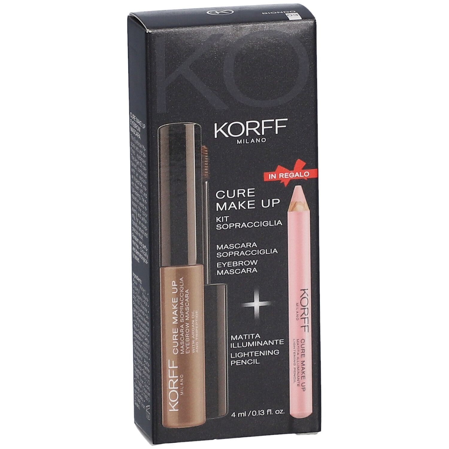Kit sopracciglia KORFF in confezione. Include mascara e matita rosa chiaro. Confezione nera con immagine del prodotto.