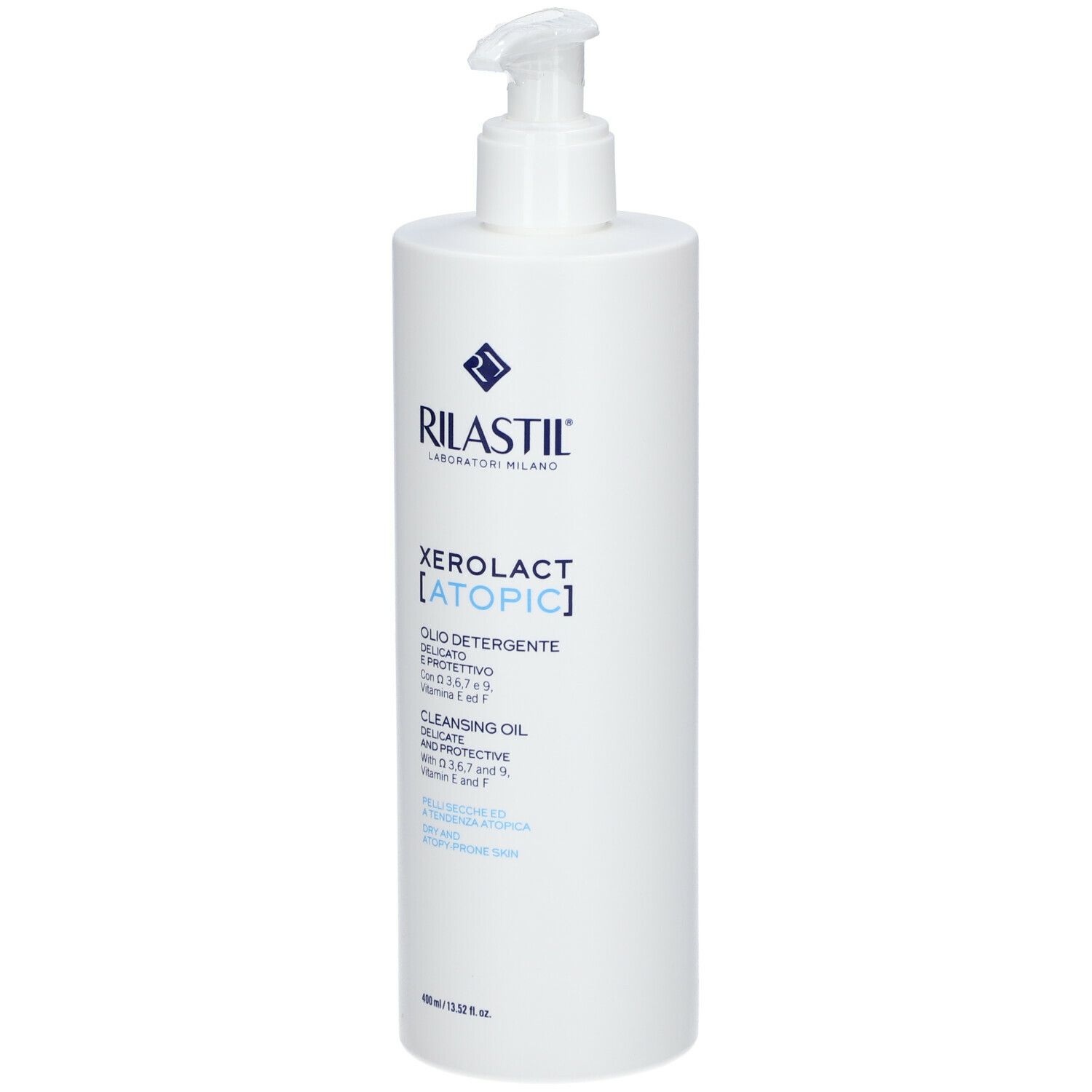 Flacone bianco con dosatore. Scritta: RILASTIL, XEROLACT [ATOPIC], Olio Detergente, Cleansing Oil. 400 ml.