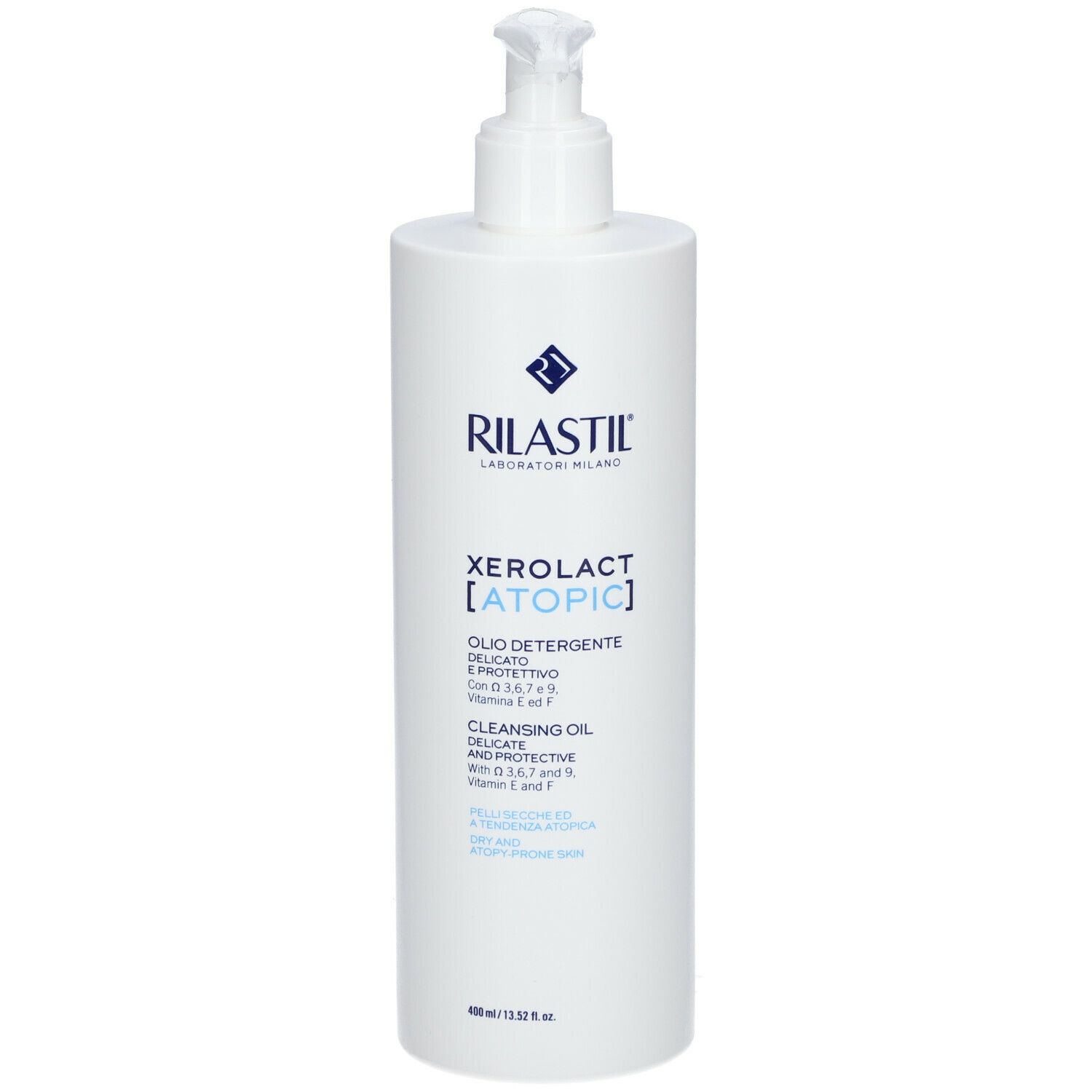 Flacone bianco con dosatore, vista laterale. Testo in italiano. 400 ml.