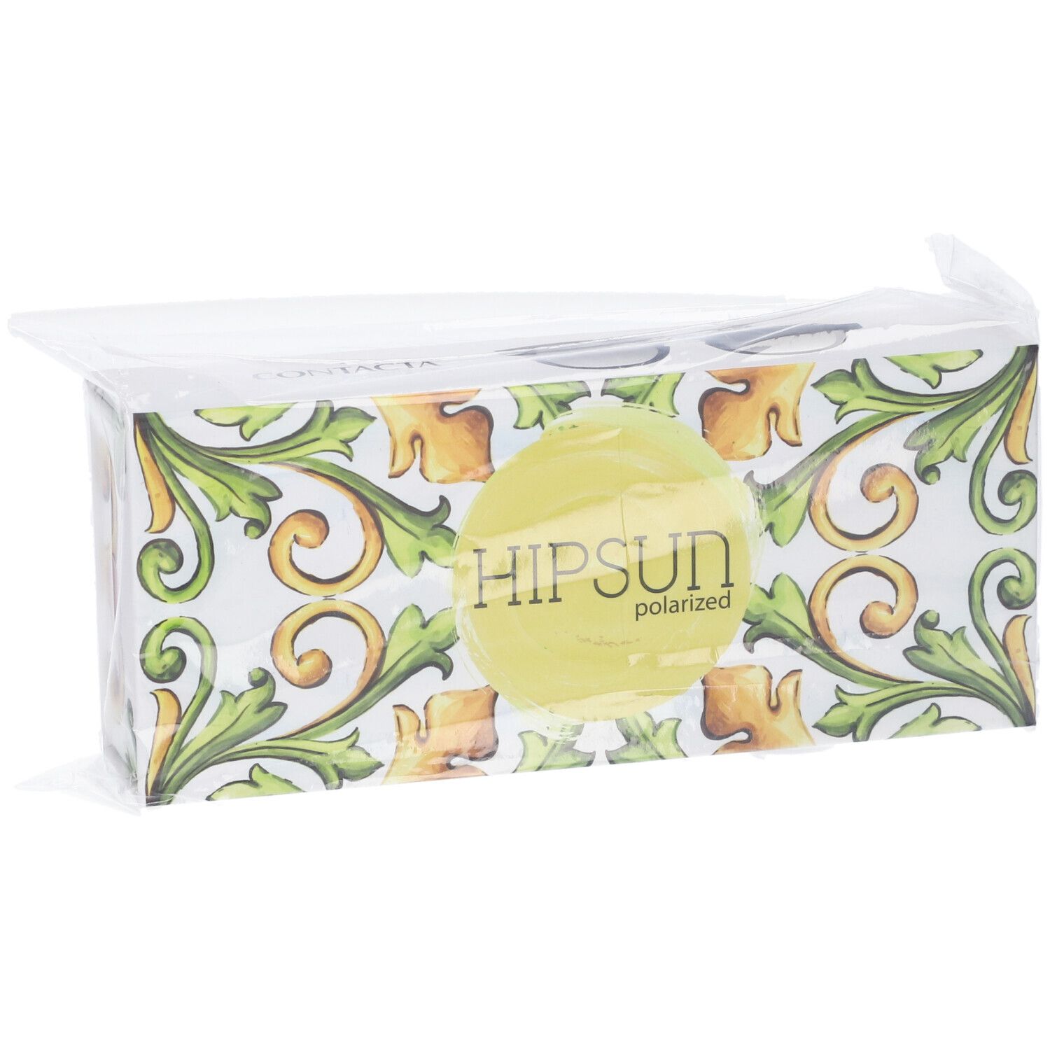Confezione di occhiali da sole. Scritta: HIPSUN polarized. Motivo floreale.