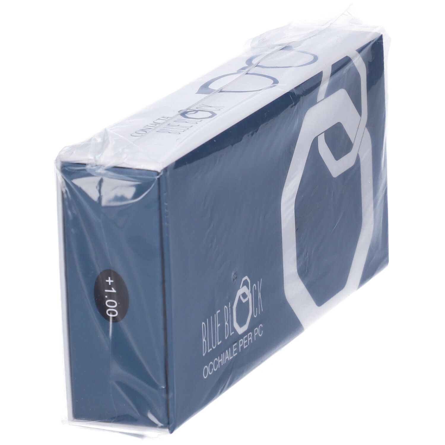Confezione blu e bianca, sigillata. Scritta: BLUE BLOCK OCCHIALE PER PC. Adesivo +1.00.