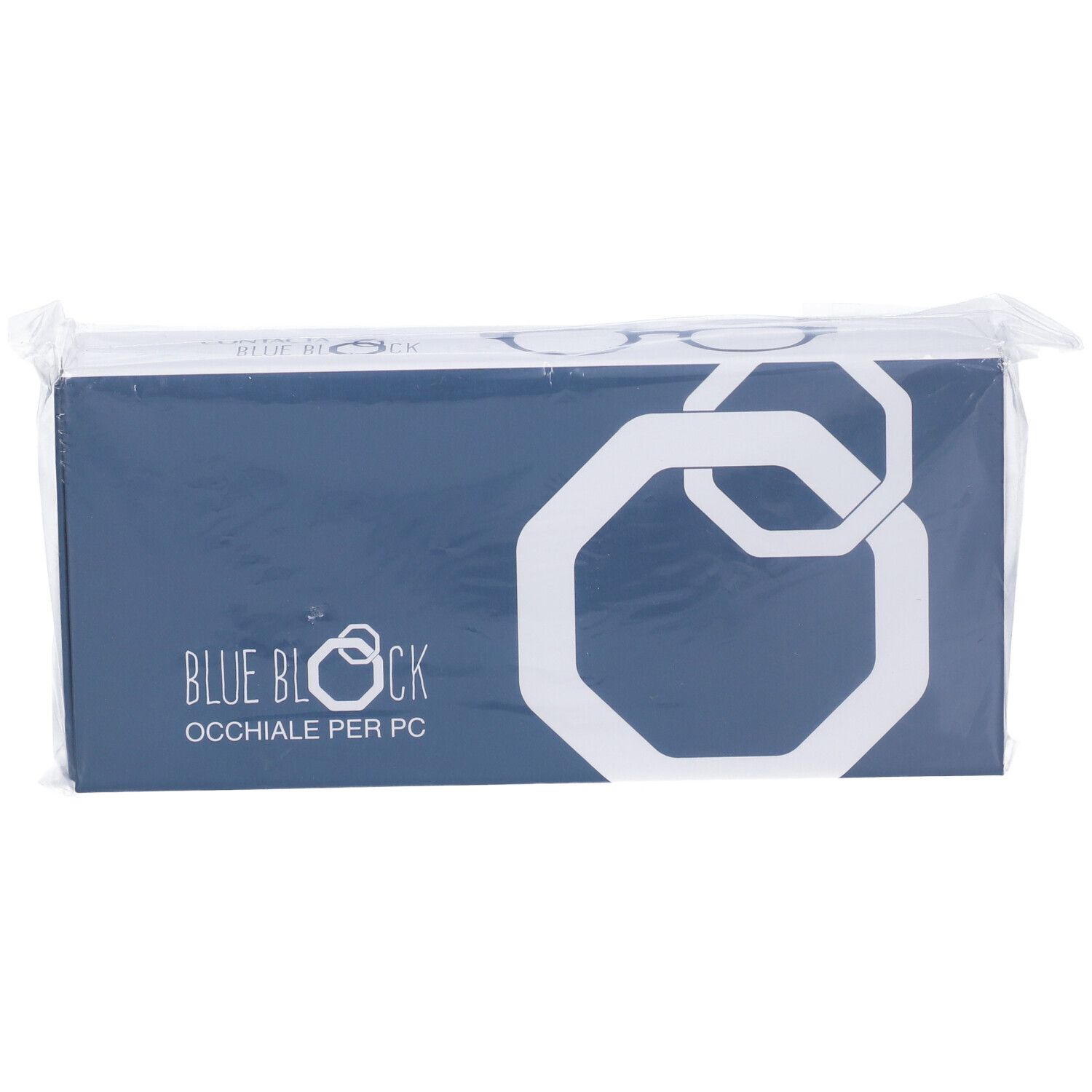 Confezione blu e bianca, sigillata. Scritta: BLUE BLOCK OCCHIALE PER PC. Logo esagonale.