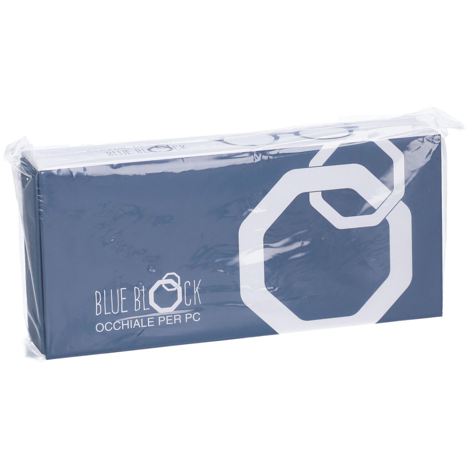 Confezione blu e bianca, sigillata. Scritta: BLUE BLOCK OCCHIALE PER PC. Logo esagonale.