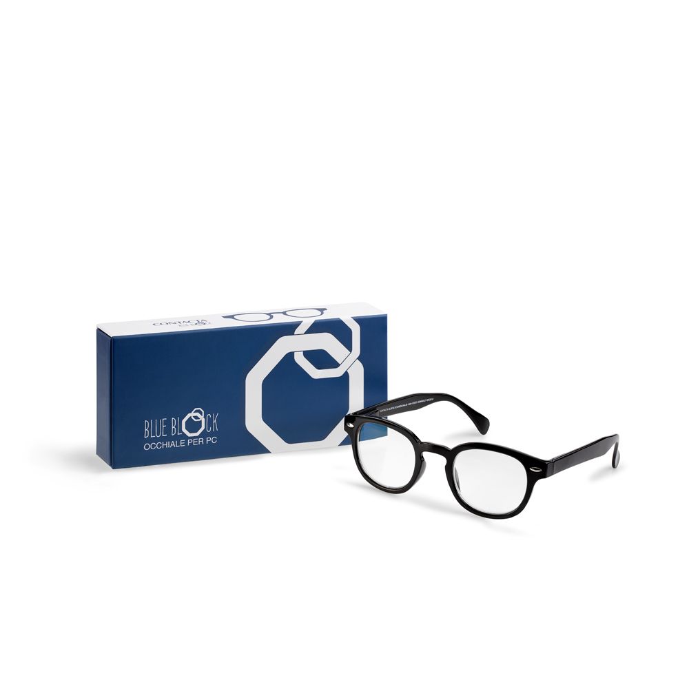 Occhiali da lettura neri accanto a una scatola blu "BLUE BLOCK".
