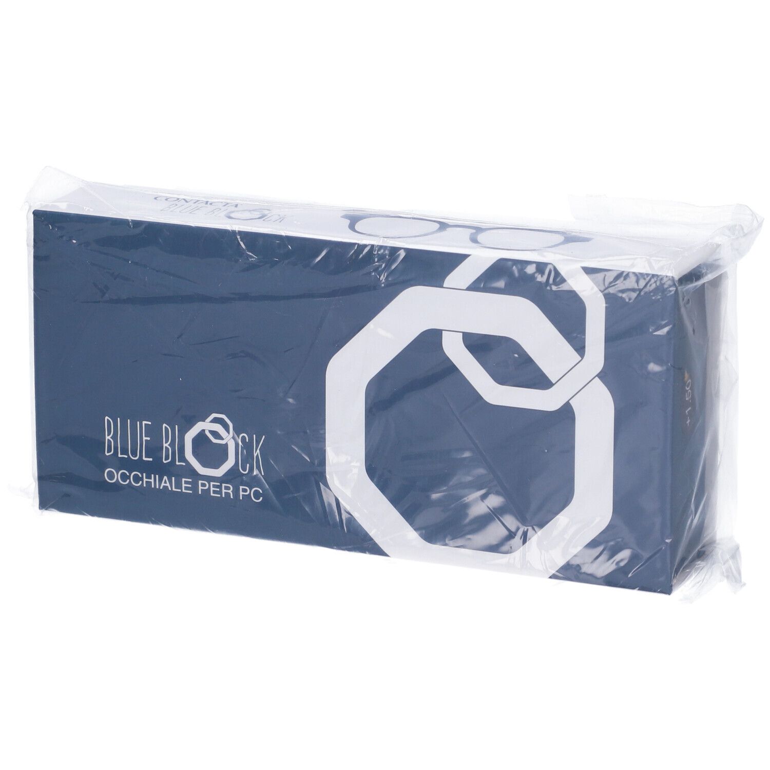 Scatola blu in confezione di plastica trasparente. Sulla scatola: BLUE BLOCK OCCHIALE PER PC.