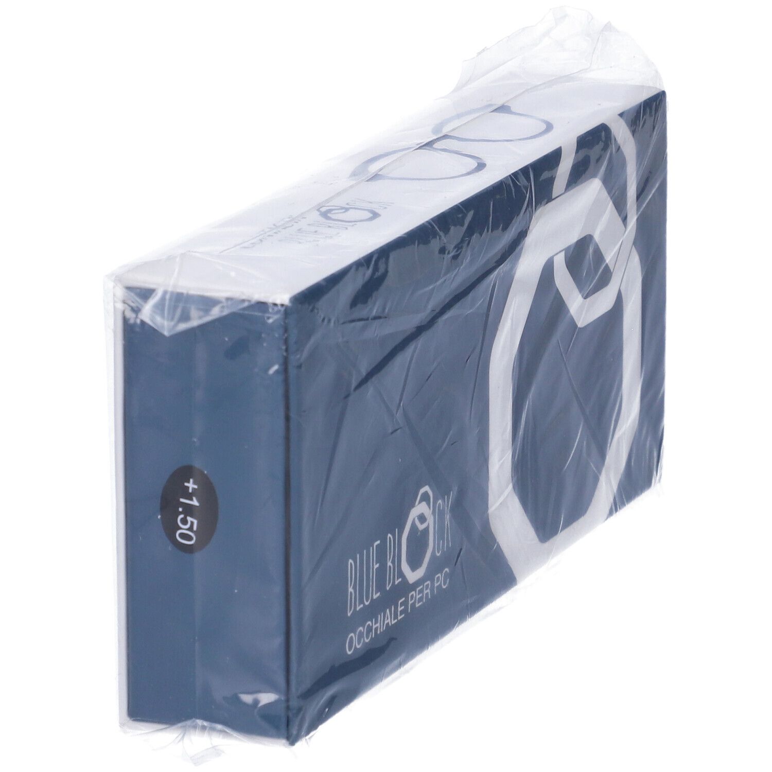 Scatola blu in confezione di plastica. Sul lato: +1,50. Sulla scatola: BLUE BLOCK OCCHIALE PER PC.