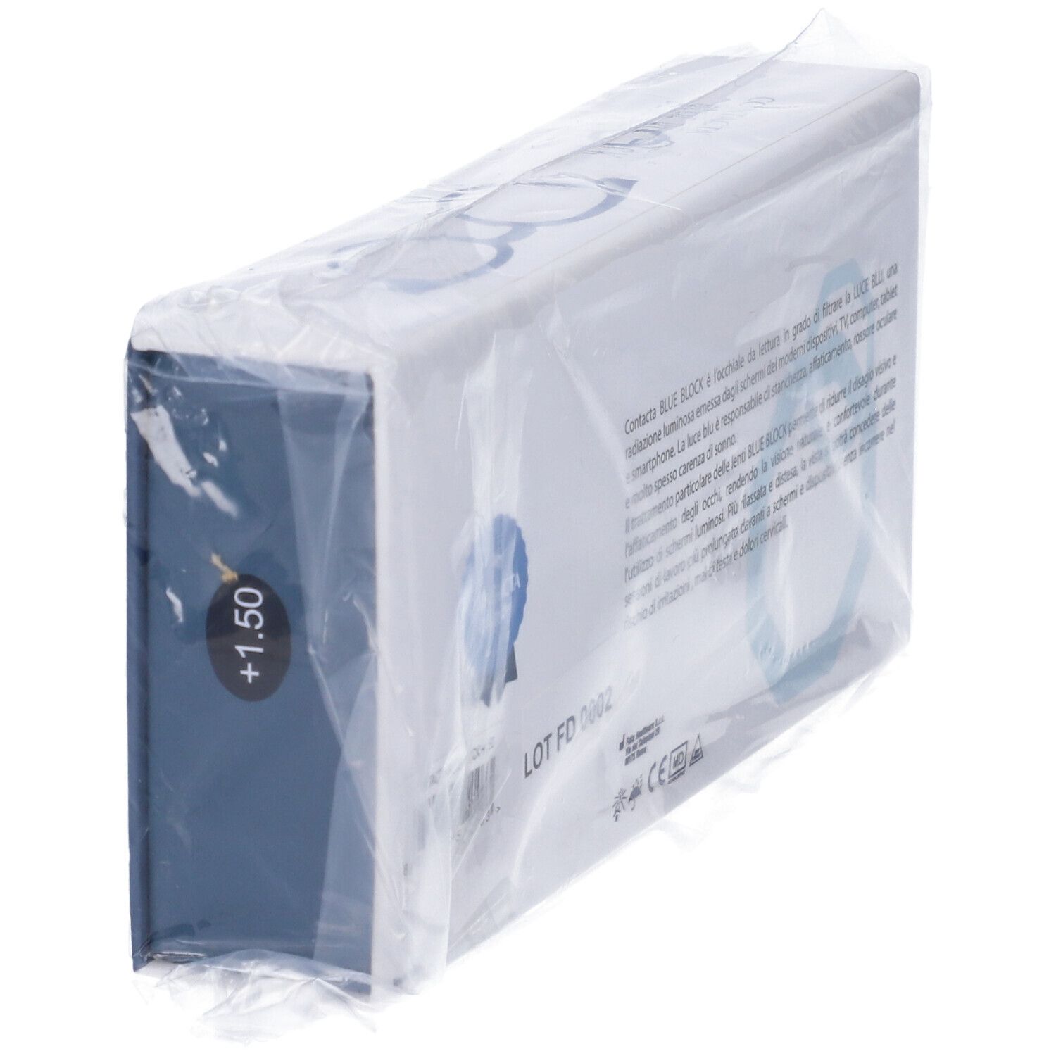 Scatola blu in confezione. +1,50 sul lato, testo sul retro. Sulla scatola: BLUE BLOCK OCCHIALE PER PC.
