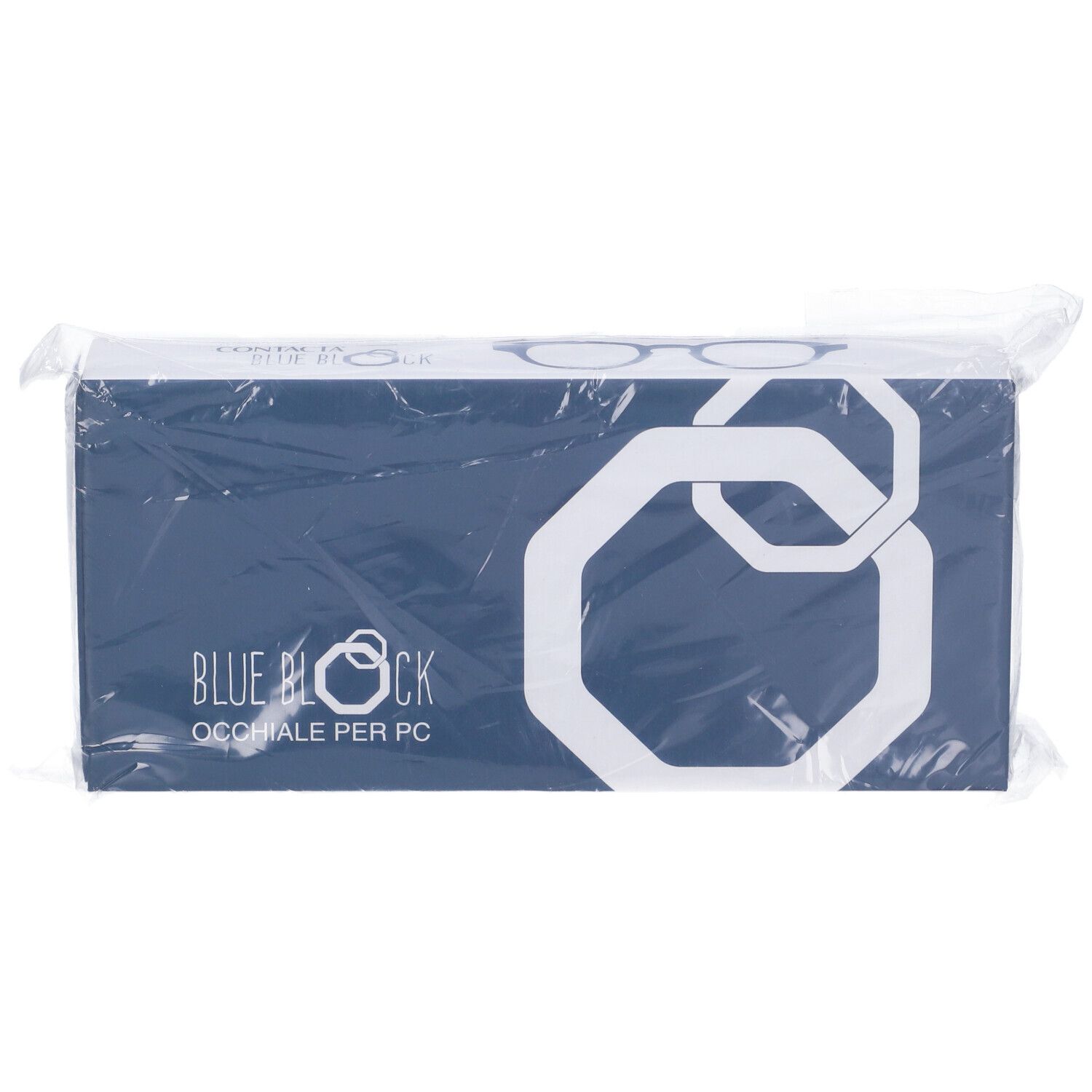 Scatola blu in confezione di plastica. Sulla scatola: BLUE BLOCK OCCHIALE PER PC.