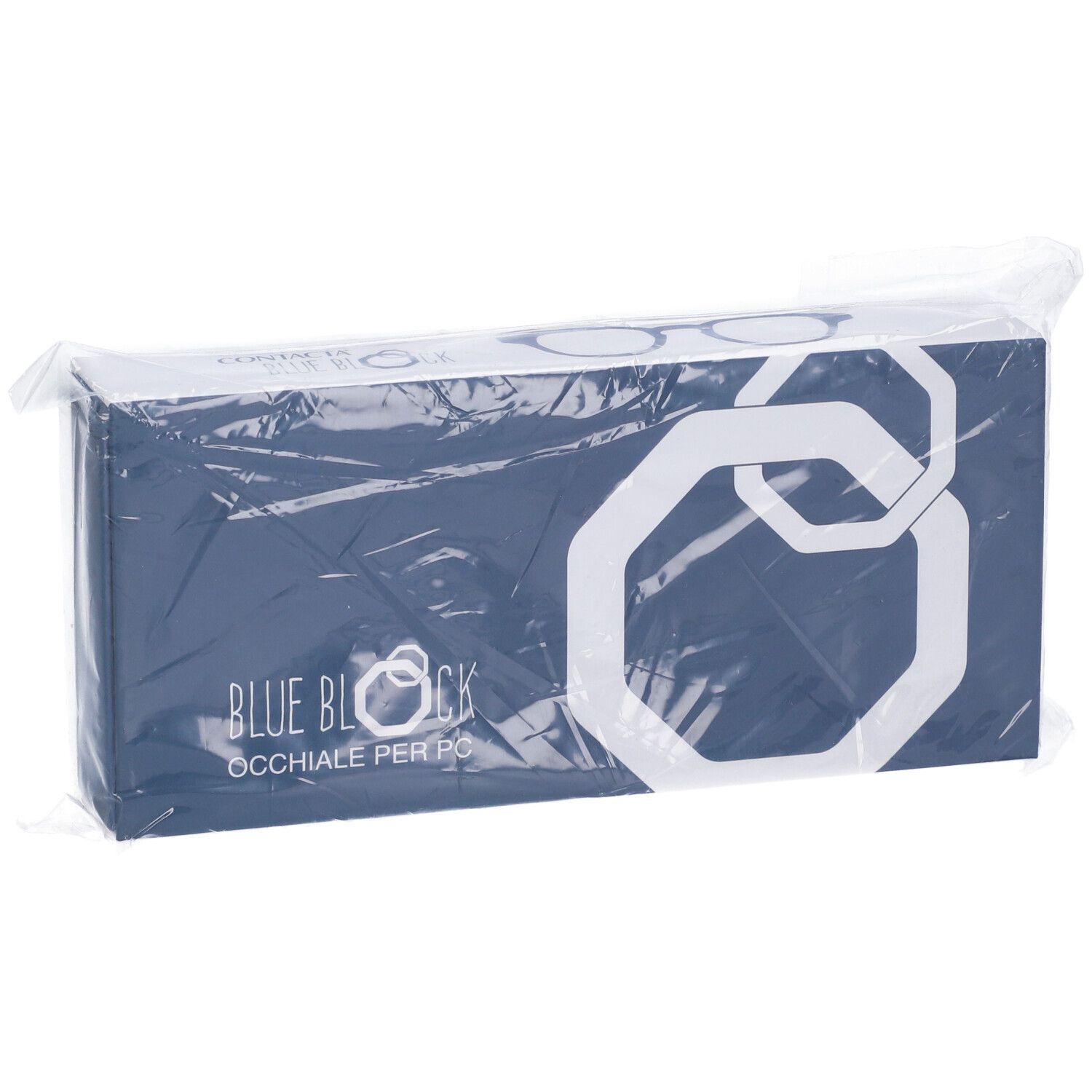 Scatola blu in confezione di plastica. Sulla scatola: BLUE BLOCK OCCHIALE PER PC.
