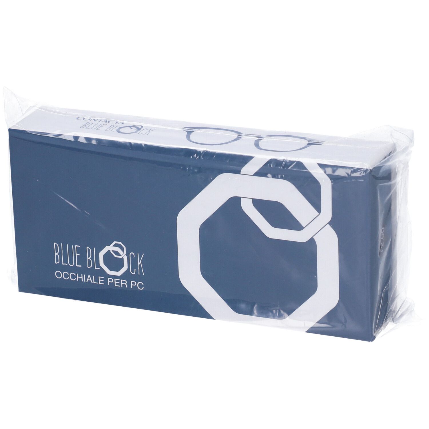 Scatola blu in confezione di plastica trasparente. Scritta: BLUE BLOCK OCCHIALE PER PC.