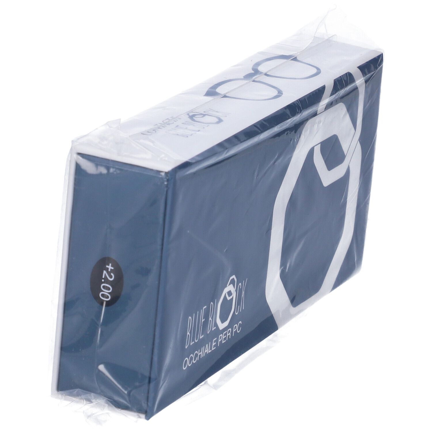 Scatola blu in confezione. Scritta: BLUE BLOCK OCCHIALE PER PC. Adesivo: +2.00.