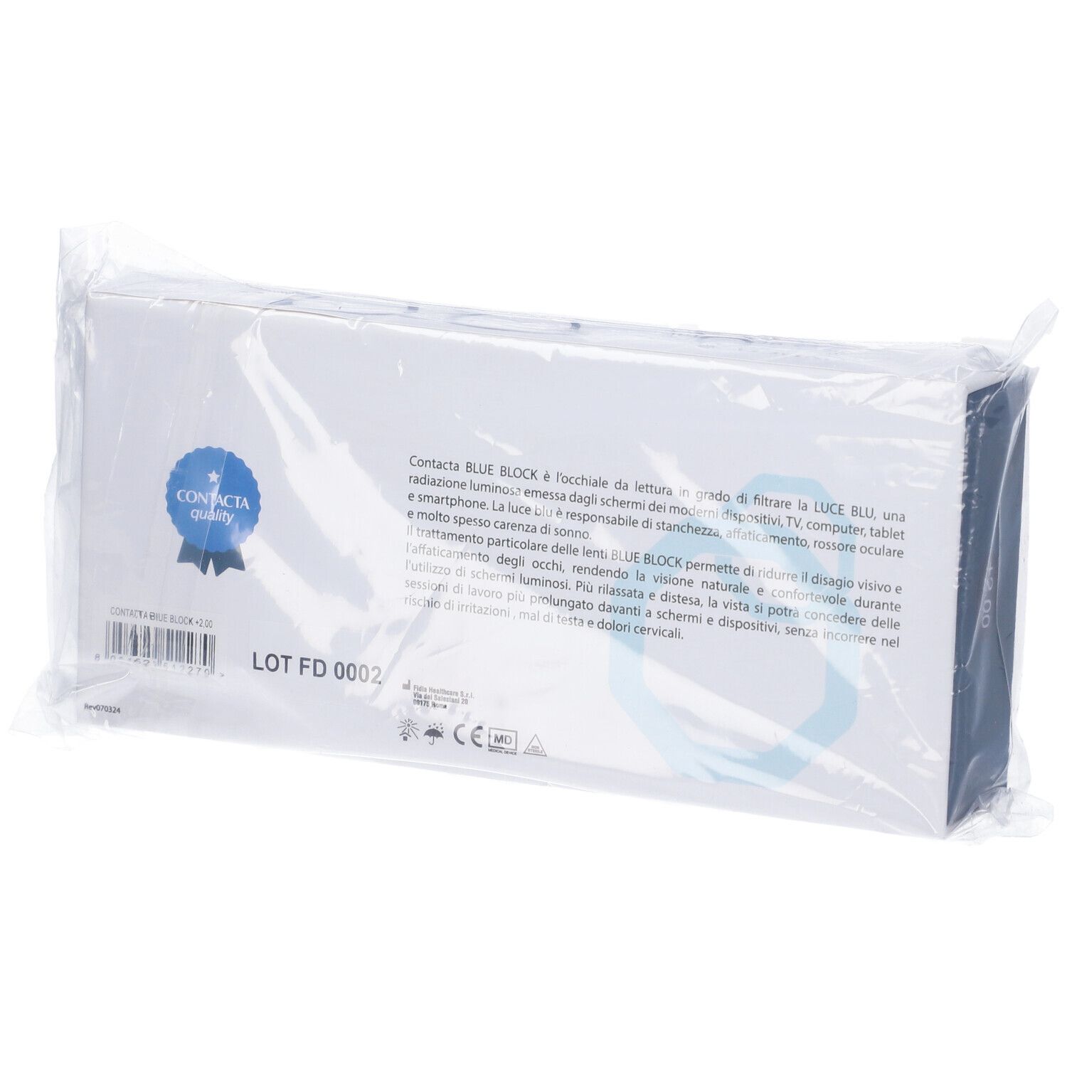 Scatola blu confezionata con testo e logo. Testo: Contacta BLUE BLOCK. Testo sul retro.