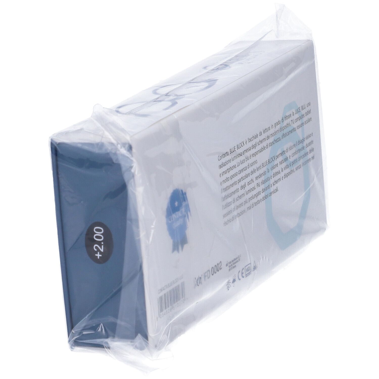 Scatola blu confezionata con testo e logo. Adesivo: +2.00. Testo: Contacta BLUE BLOCK.