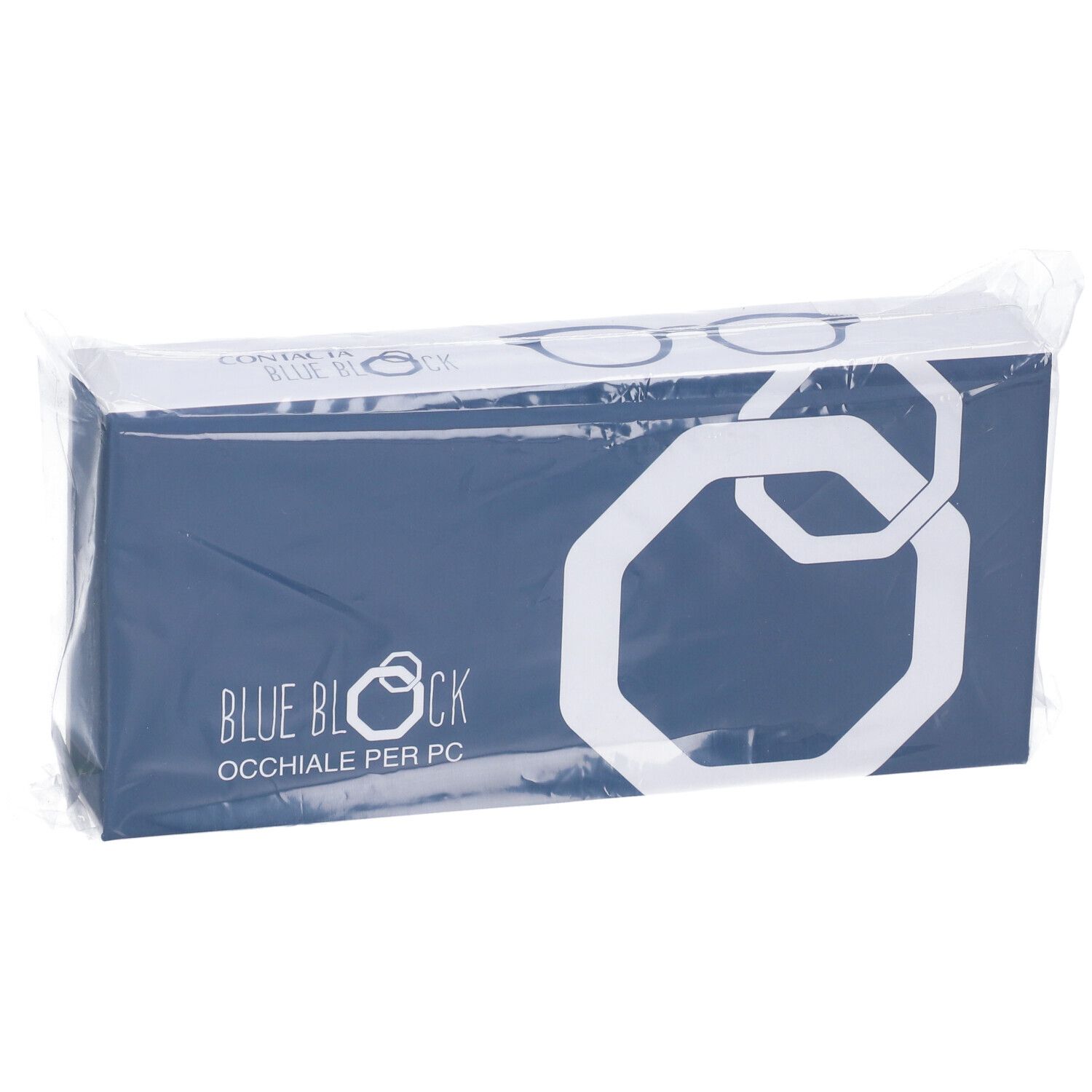 Scatola blu in confezione di plastica. Scritta: BLUE BLOCK OCCHIALE PER PC.