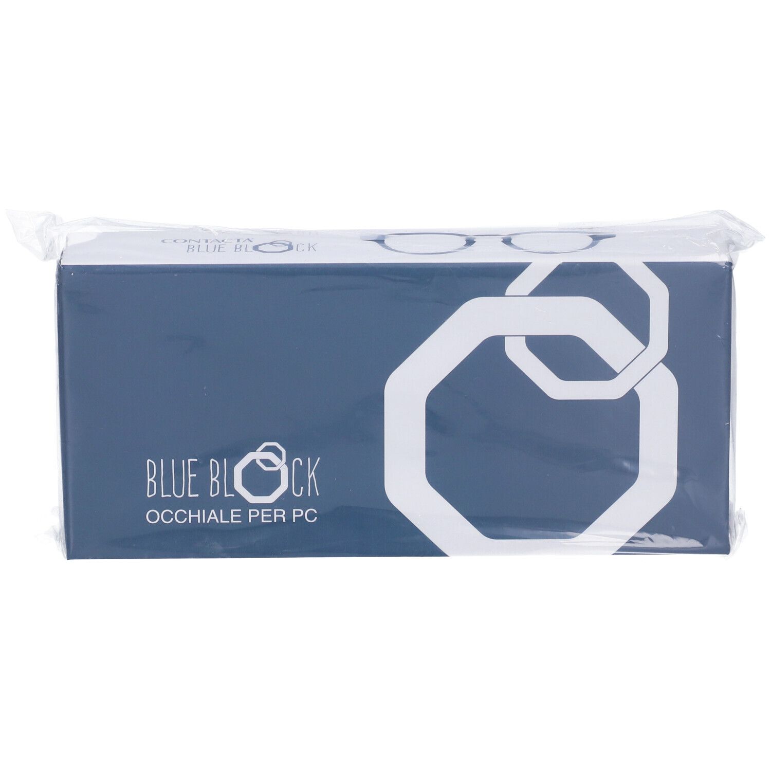 Confezione blu in pellicola. Sulla confezione c'è scritto 'BLUE BLOCK'.