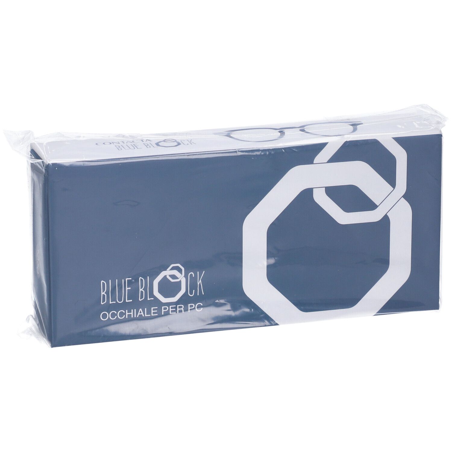 Confezione blu in pellicola. Sulla confezione c'è scritto 'BLUE BLOCK'.