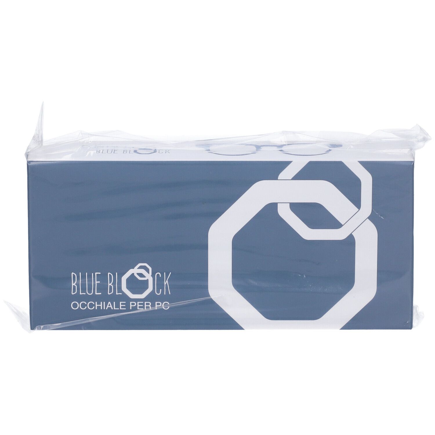 Scatola blu in pellicola. Sulla scatola c'è scritto "BLUE BLOCK OCCHIALE PER PC".