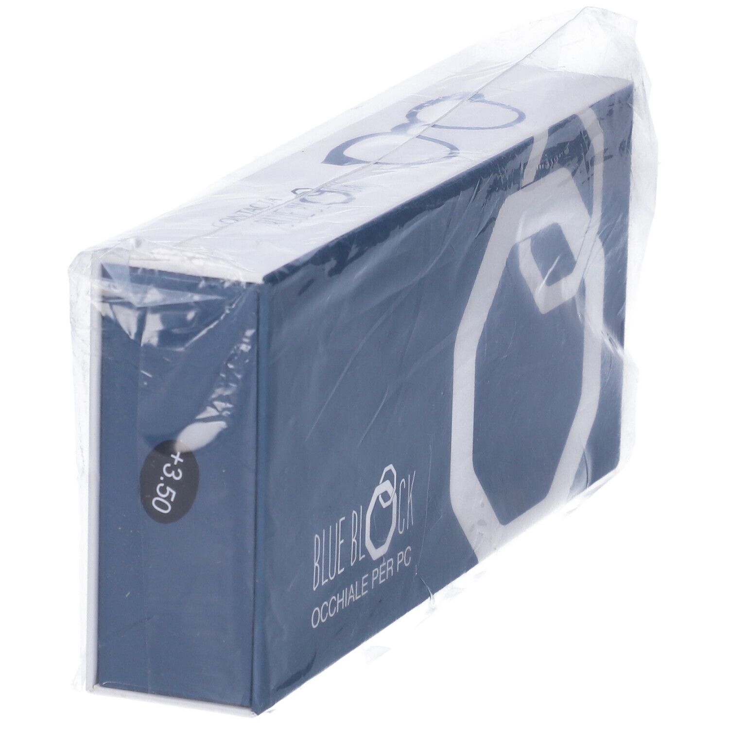 Confezione blu e bianca in plastica. Scritta: BLUE BLOCK OCCHIALE PER PC. Adesivo: +3,50.