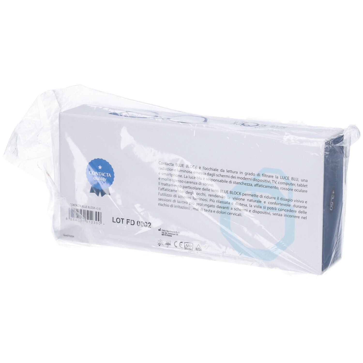Confezione prodotto in plastica. Scritta: BLUE BLOCK. Sigillo: Certificata. Testo in italiano.