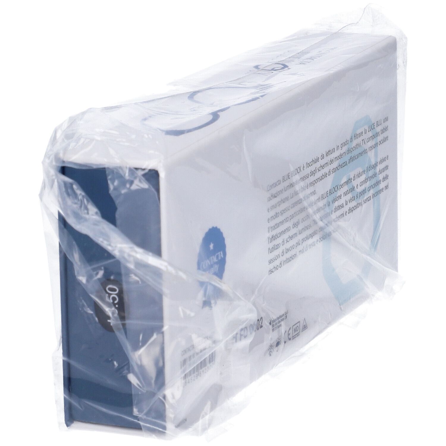 Confezione prodotto in plastica. Scritta: BLUE BLOCK. Sigillo: Certificata. Testo in italiano.
