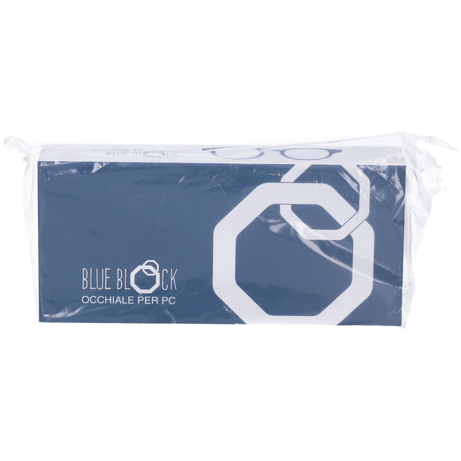 Confezione blu e bianca in plastica. Scritta: BLUE BLOCK OCCHIALE PER PC.