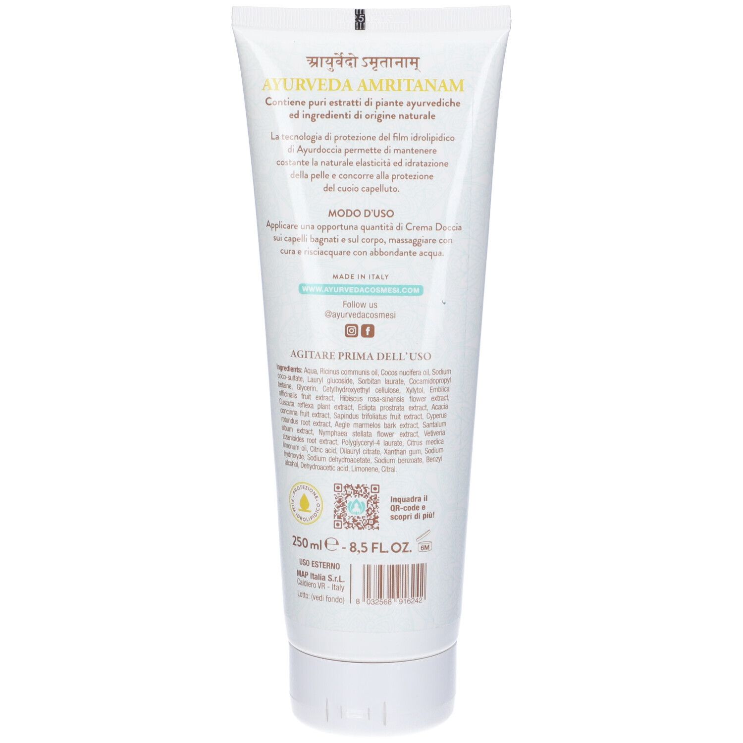 Retro di un tubo bianco. Testo in più lingue. Elenco degli ingredienti. Logo e codice QR.