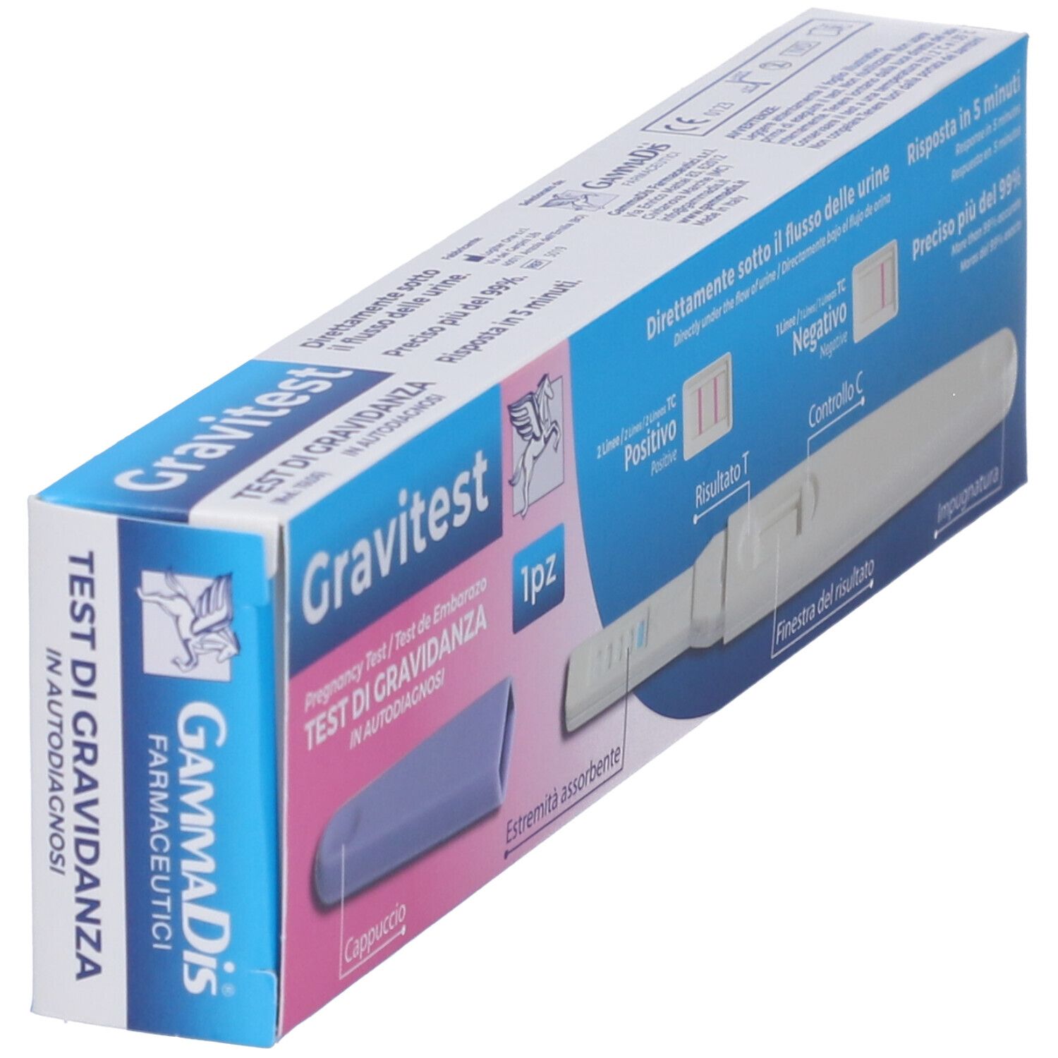 Confezione test di gravidanza Gravitest. Contiene stick e cappuccio. Scritte: Gravitest, 1 pezzo.