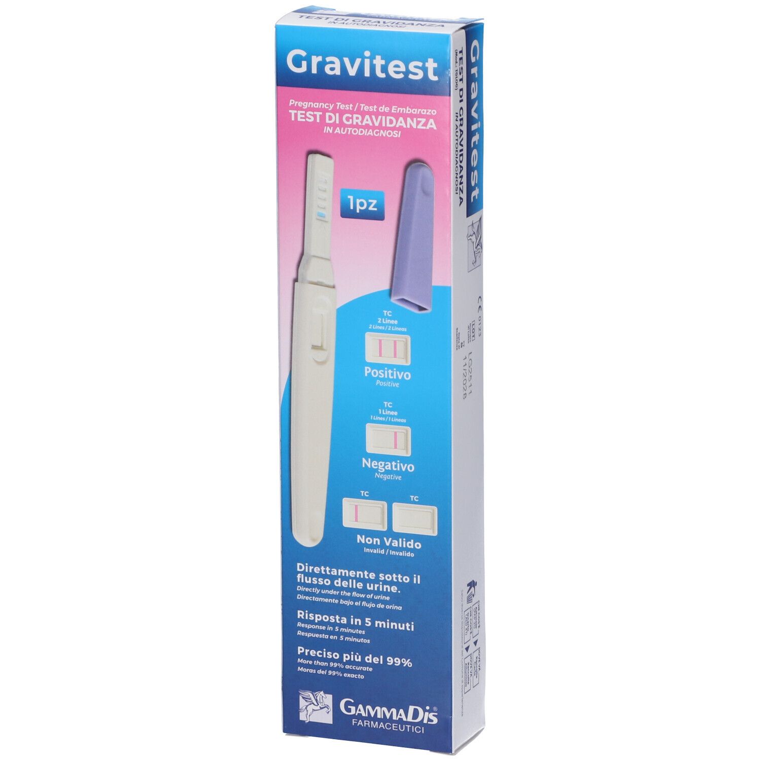 Confezione test di gravidanza Gravitest. Contiene stick e cappuccio. Scritte: Gravitest, 1 pezzo.
