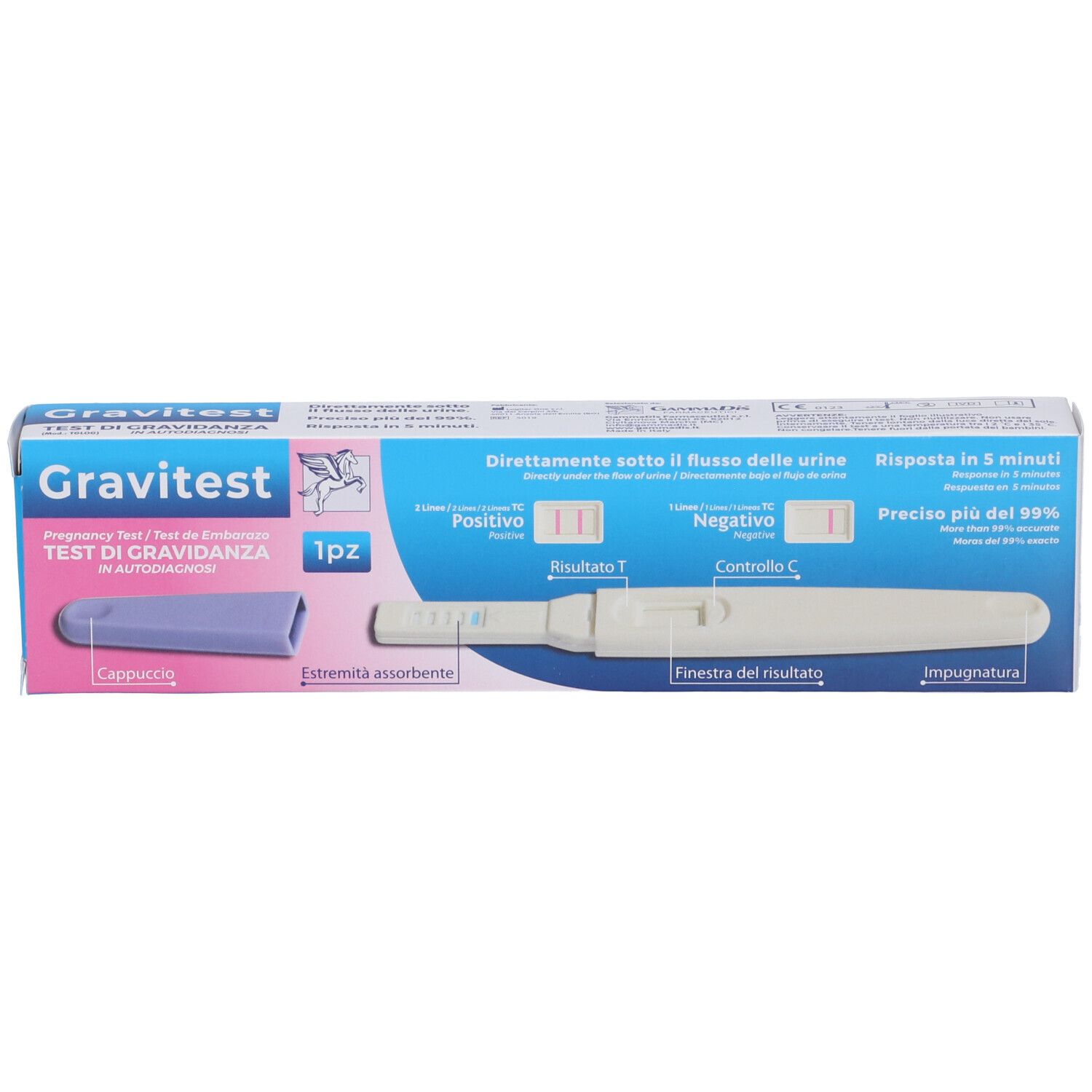Confezione test di gravidanza Gravitest. Contiene stick e cappuccio. Scritte: Gravitest, 1 pezzo.