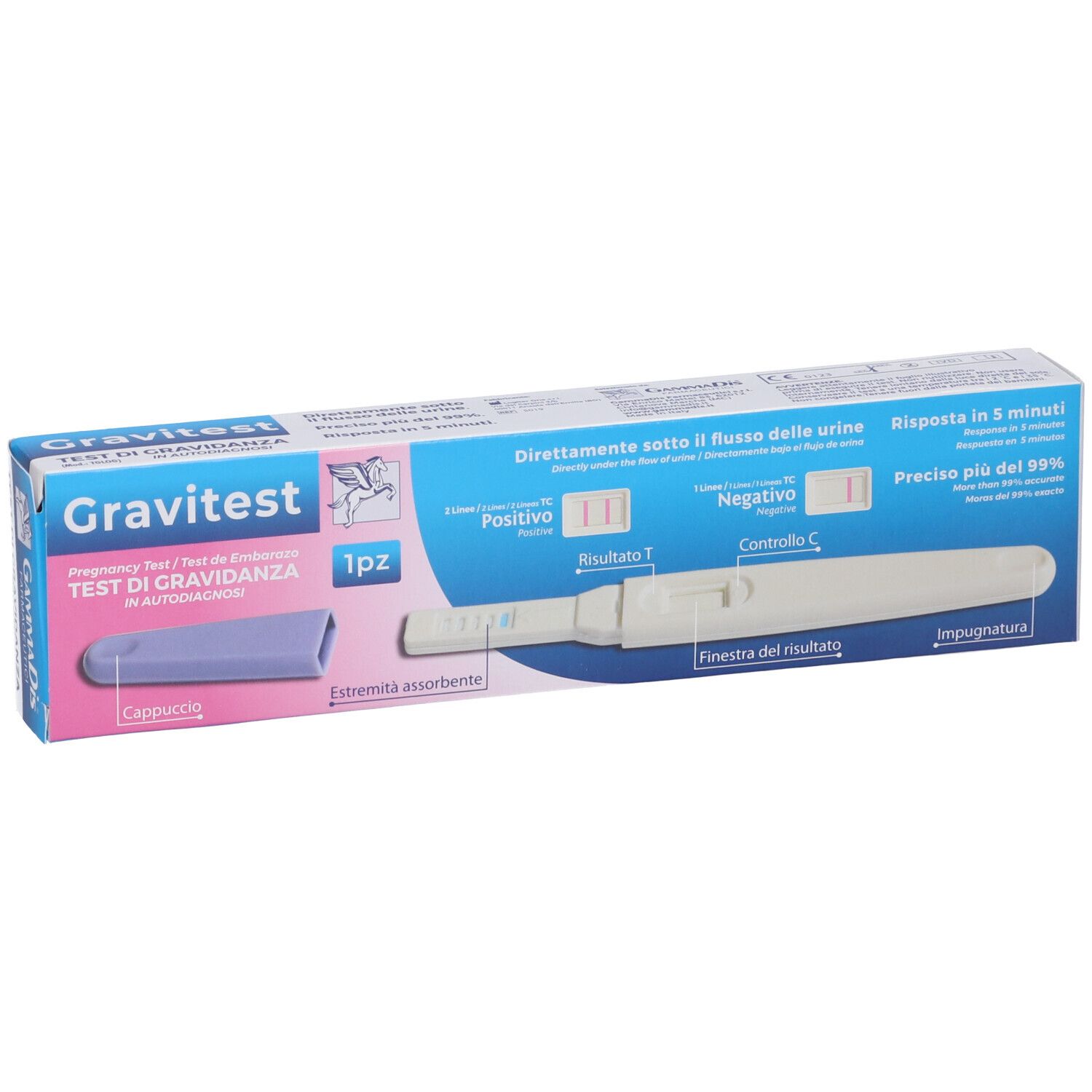 Confezione test di gravidanza Gravitest. Contiene stick e cappuccio. Scritte: Gravitest, 1 pezzo.