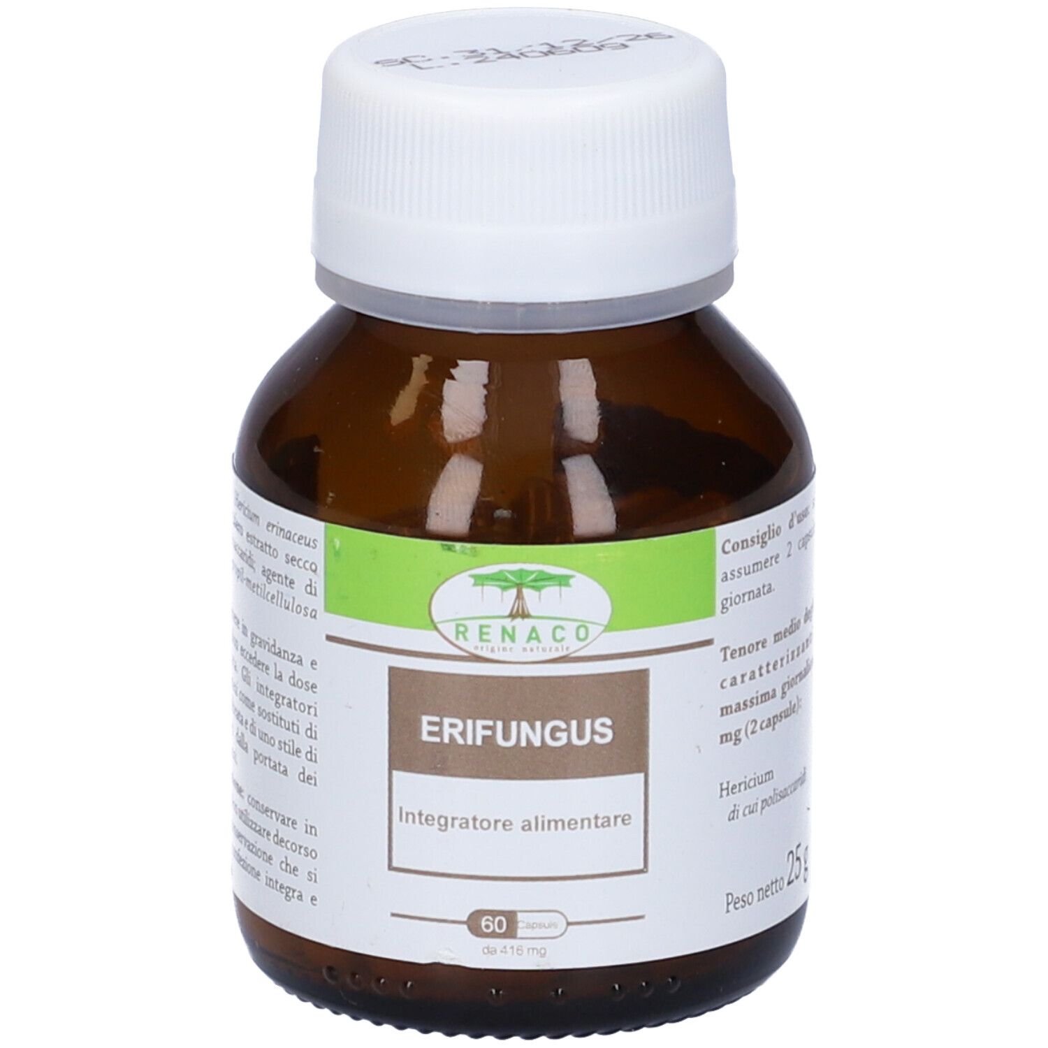 Flacone di vetro marrone con tappo bianco. Etichetta "Erifungus" e "Integratore alimentare". 60 capsule.