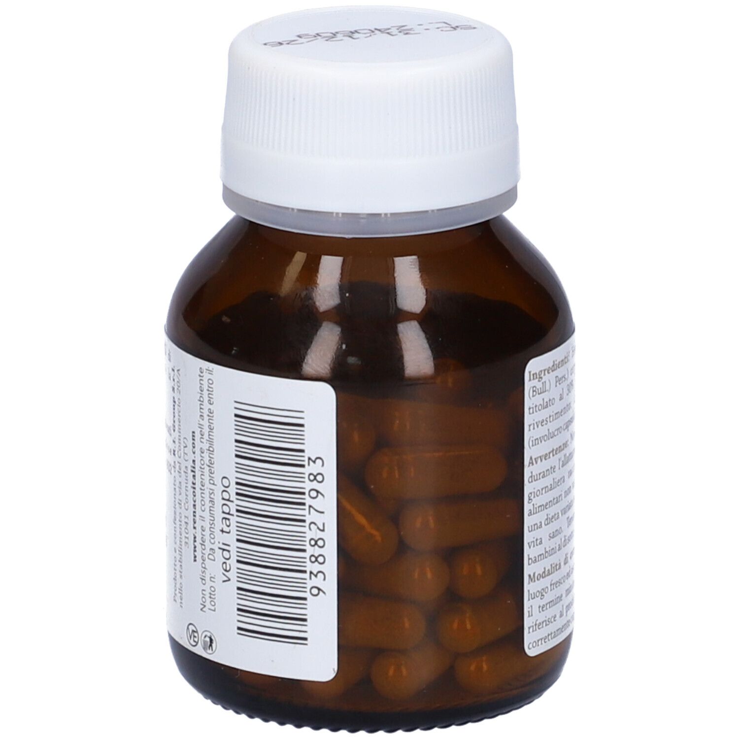 Flacone marrone con tappo bianco. Capsule visibili. Codice a barre e numero prodotto.