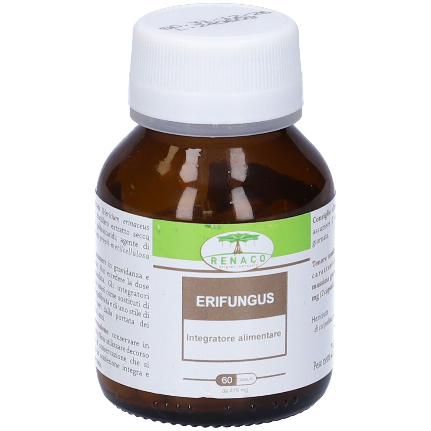 Flacone marrone con tappo bianco. Etichetta "Erifungus" e "Integratore alimentare". 60 capsule.