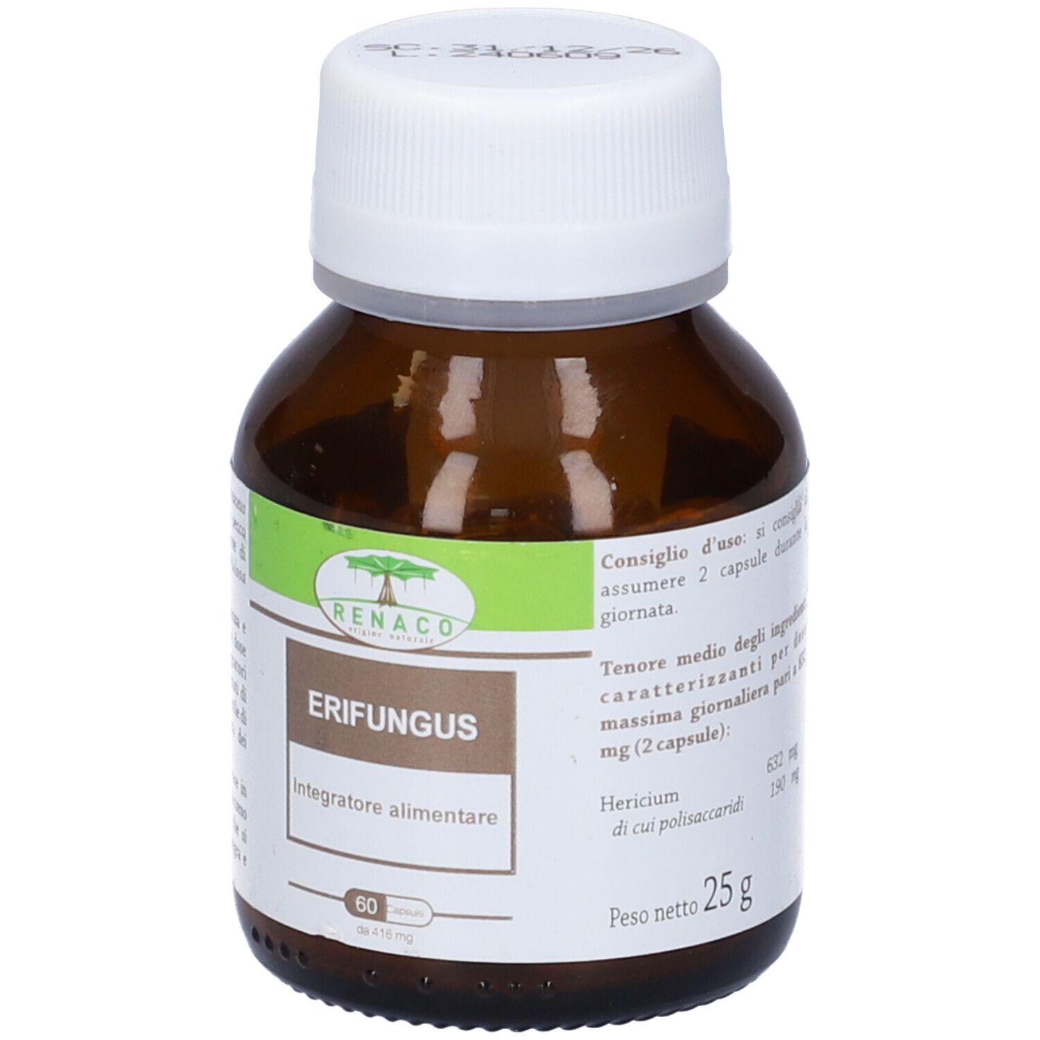 Flacone marrone con tappo bianco. Etichetta "Erifungus" e "Integratore alimentare". 60 capsule.