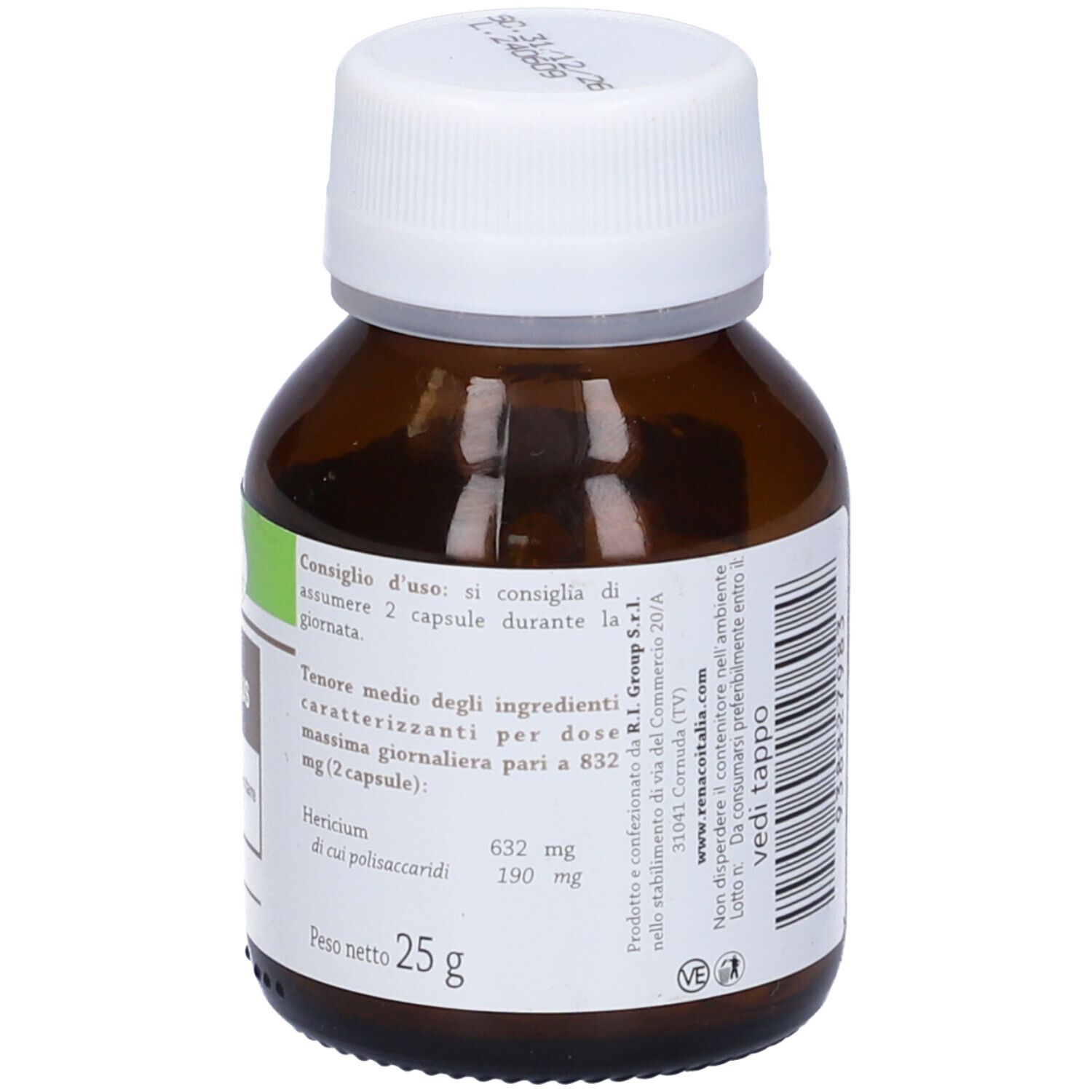 Flacone marrone, retro con informazioni. Peso netto 25g.