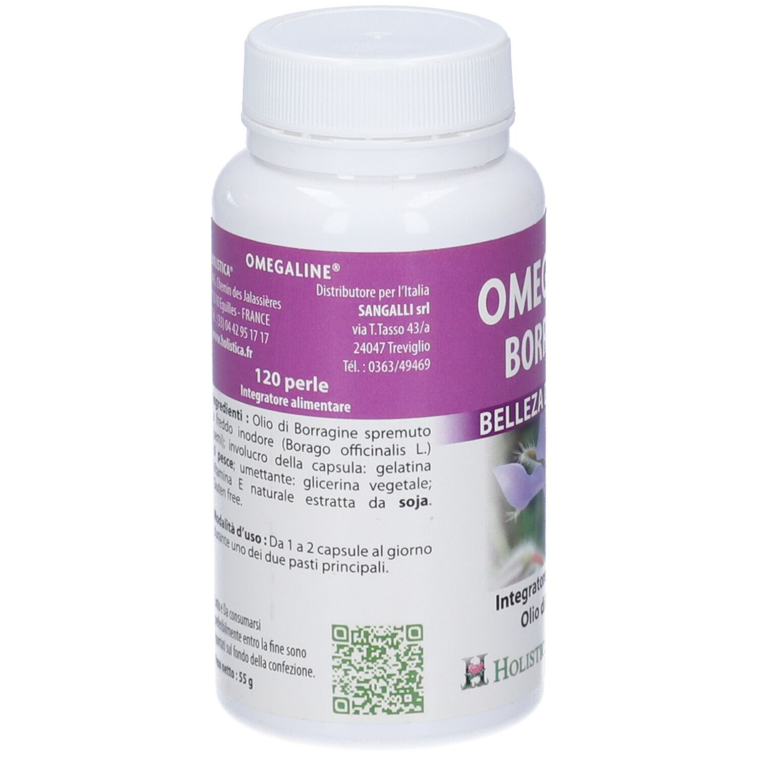 Flacone bianco, etichetta viola. Testo: Omegaline Borragine, 120 perle. Ingredienti. Codice QR. Logo Holistica.