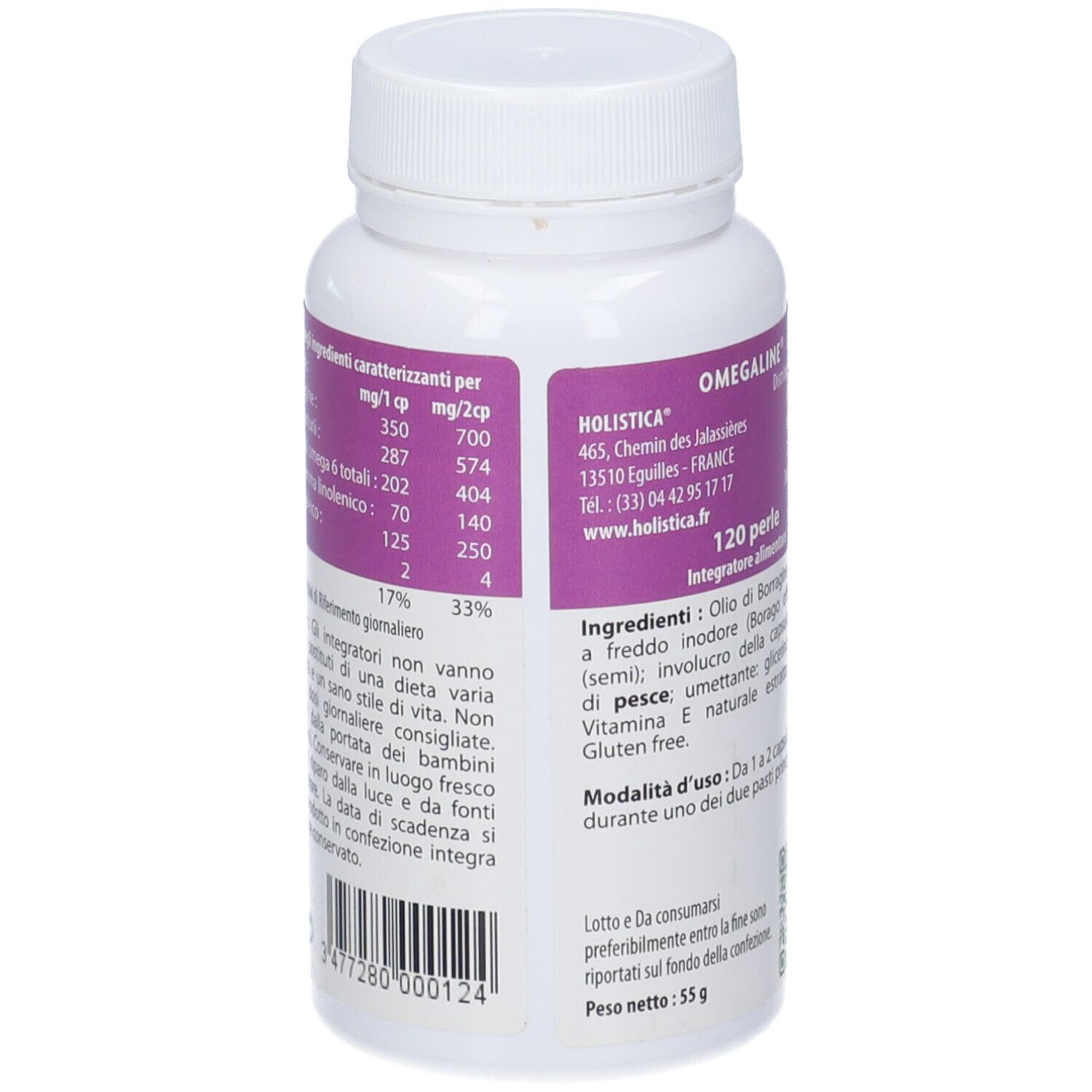 Flacone bianco, etichetta viola. Testo: Omegaline Borragine, 120 perle. Ingredienti. Logo Holistica. Peso: 55g.
