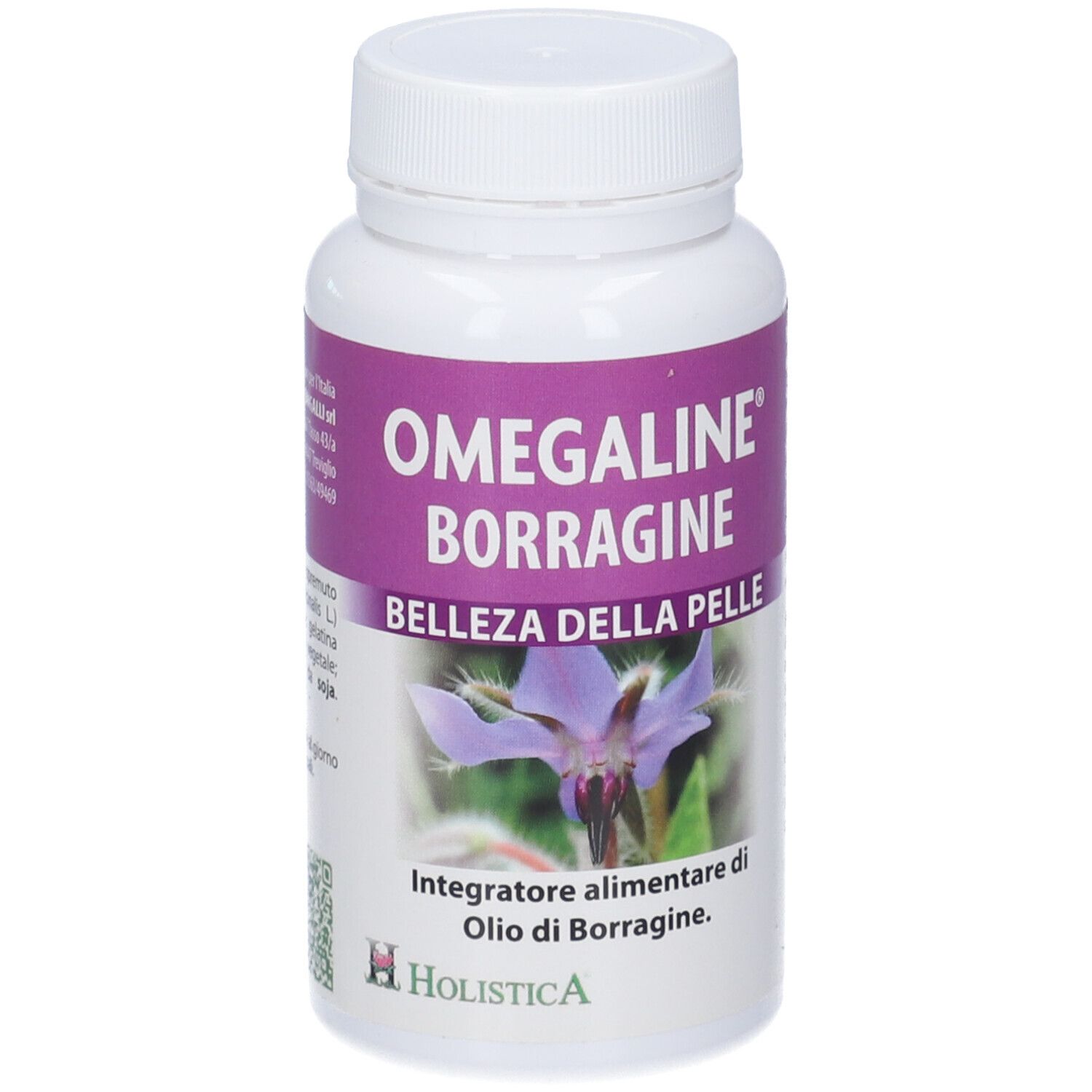 Flacone bianco con etichetta viola. Scritta: Omegaline Borragine, Bellezza della Pelle. Logo Holistica. Capsule.