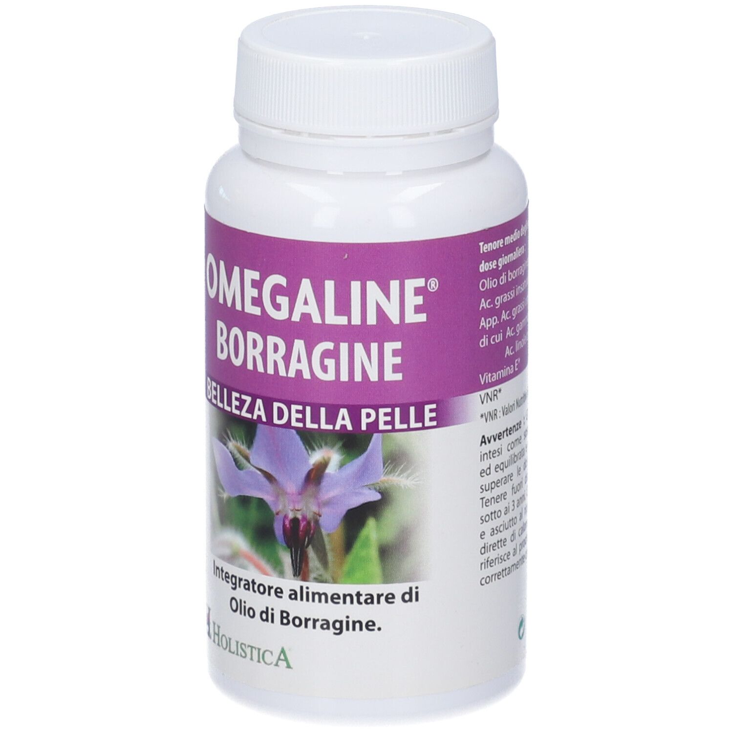 Flacone bianco con etichetta viola. Scritta: Omegaline Borragine, Bellezza della Pelle. Logo Holistica. Capsule.